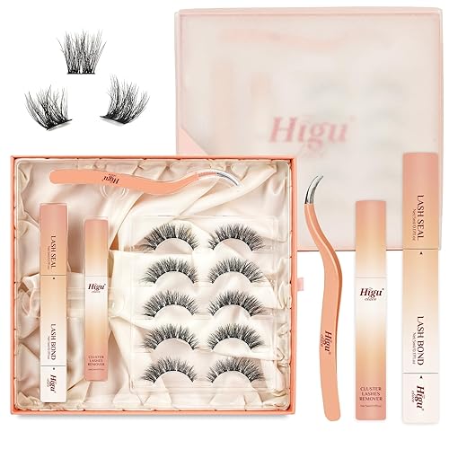 Higu - Kit de extensión de pestañas para bricolaje, 5 pares, pinzas de pestañas en racimo, racimos de pestañas que se unen y sellan impermeables,