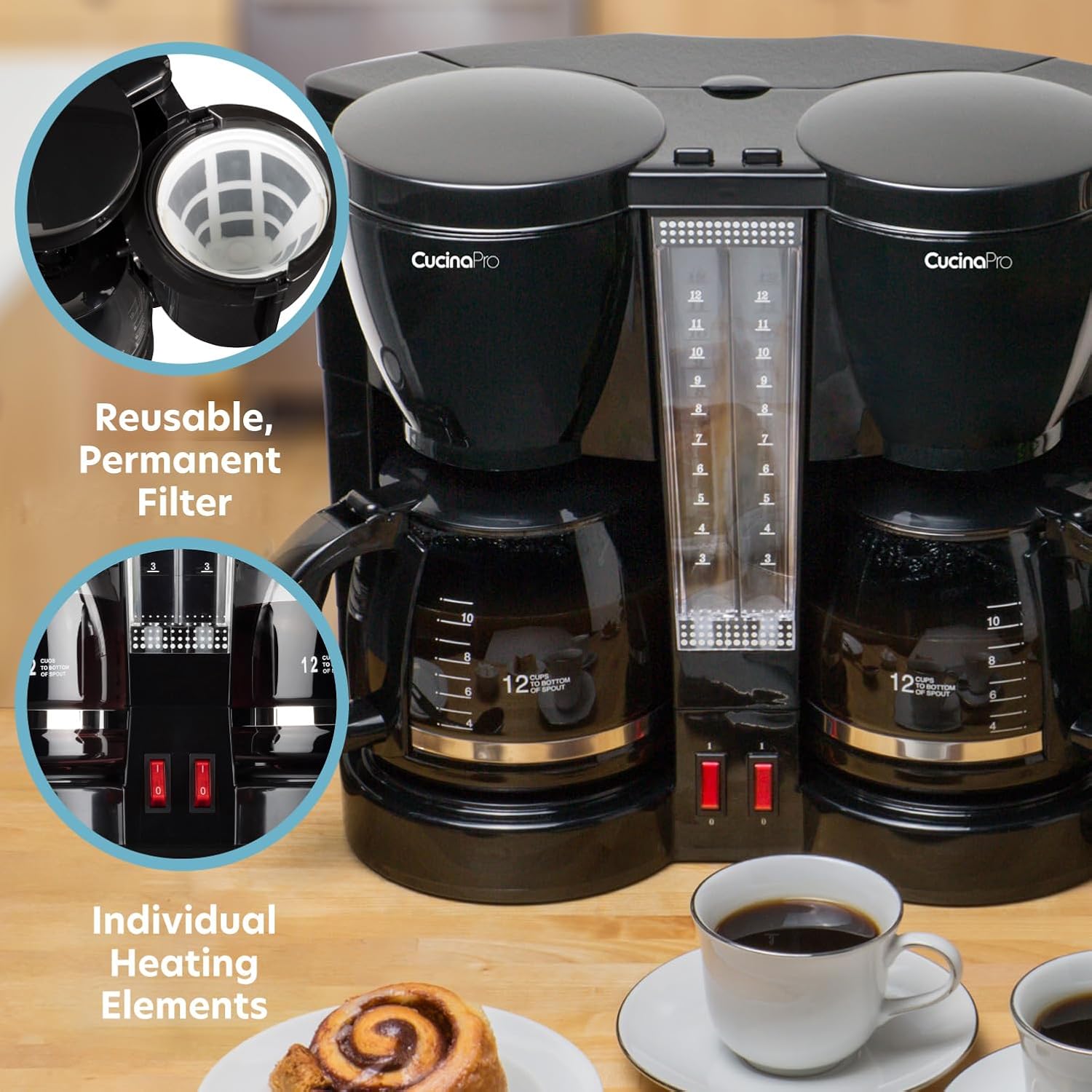 CucinaPro Double Coffee Brewer Station with filter basket open