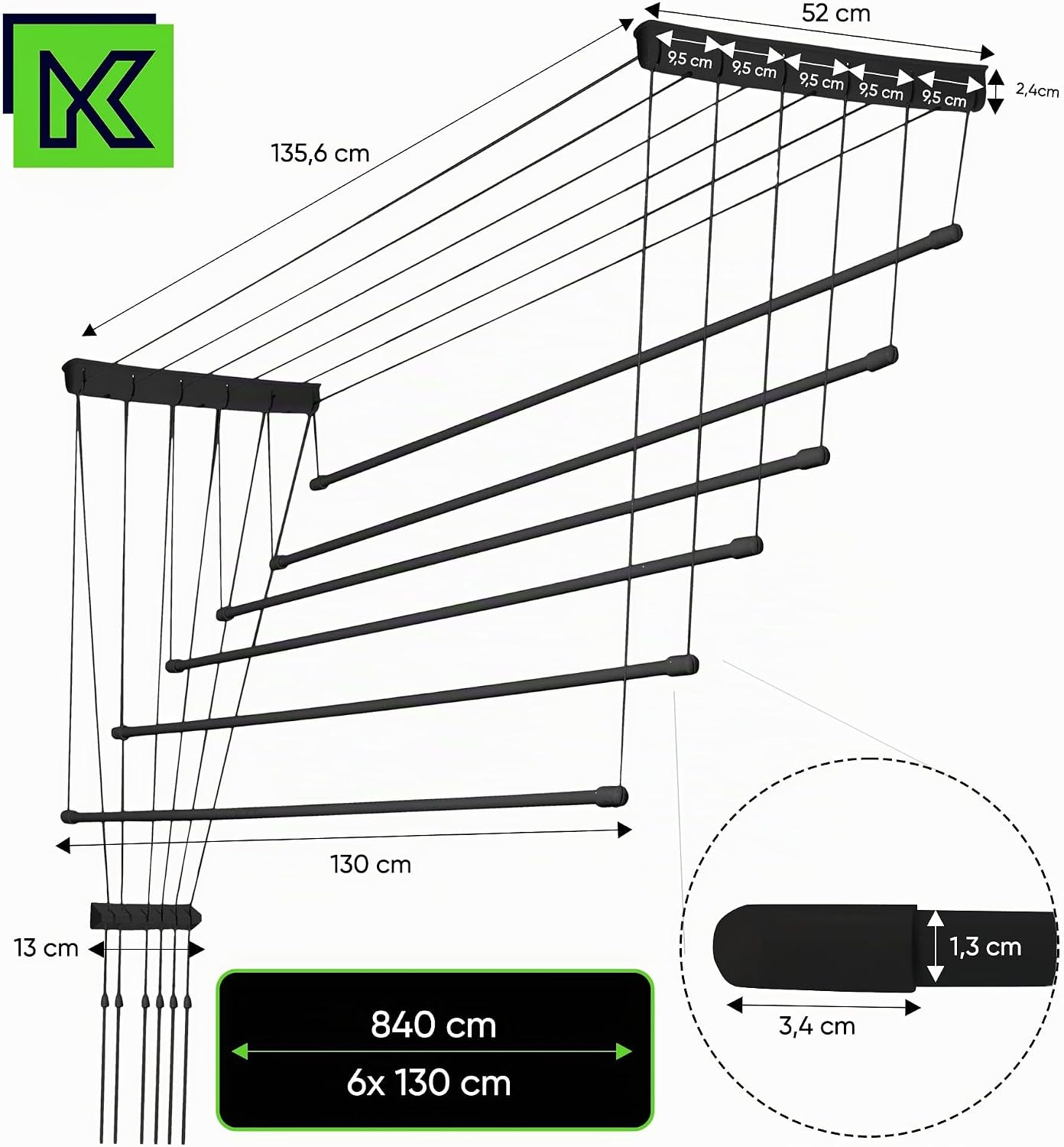 KADAX Ceiling Clothes Dryer detailed dimensions