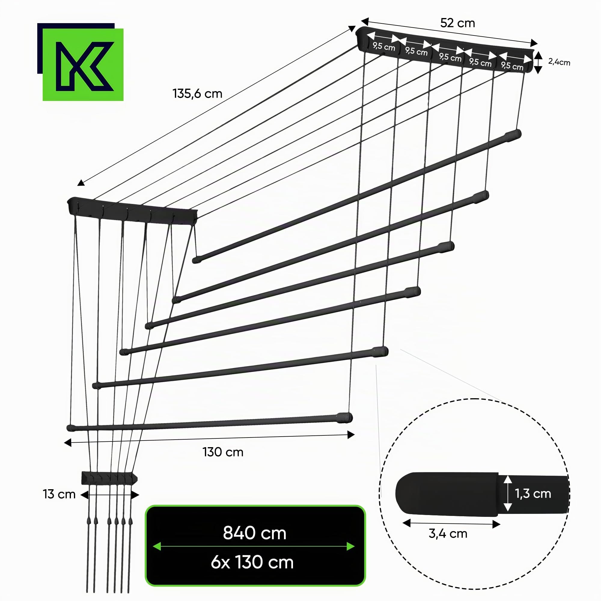KADAX Stendibiancheria da Soffitto in Acciaio Rivestito in Polietilene, Stendino con Design Salvaspazio e Capacità di Carico di 12 kg (Nero, 6 x 130)
