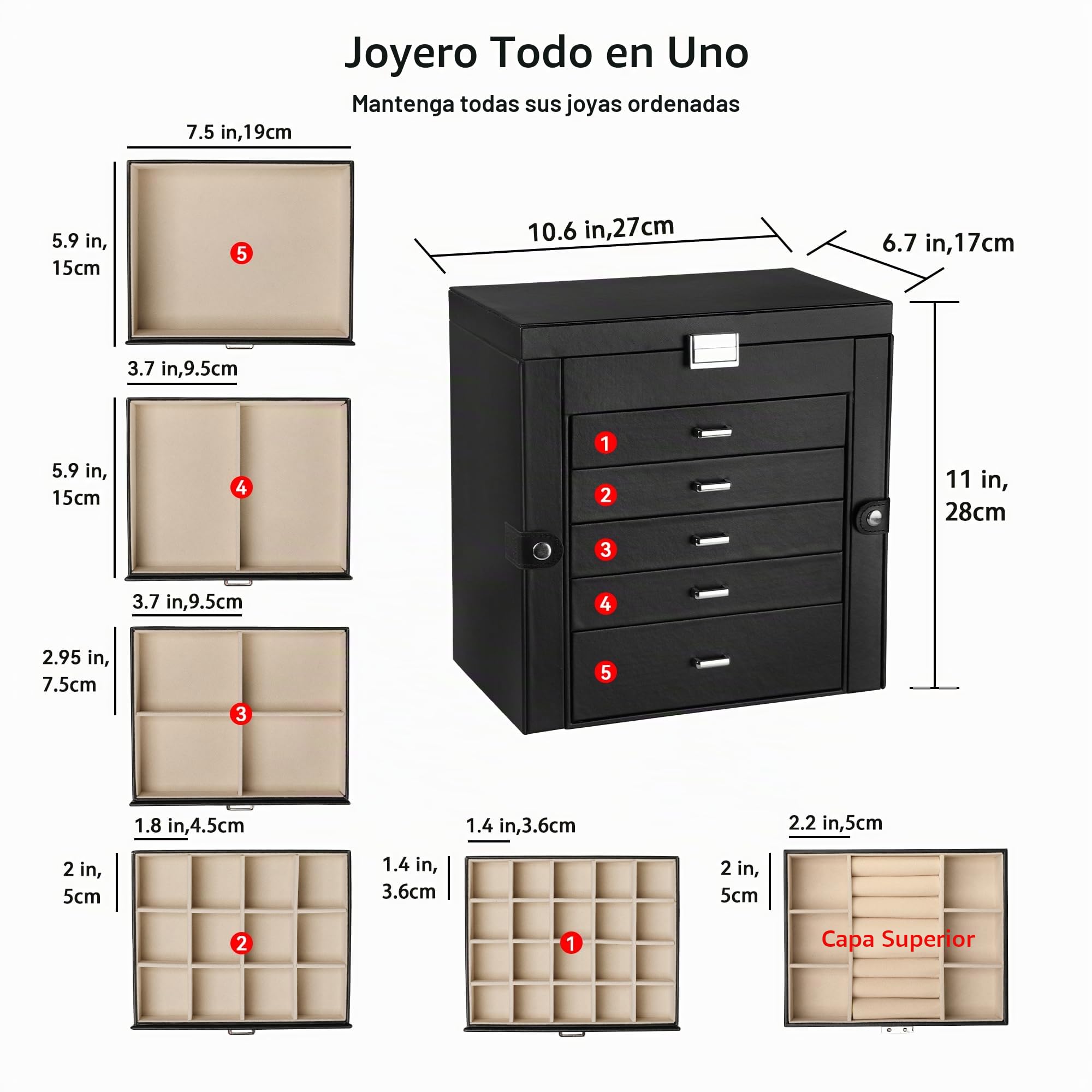Frebeauty Caja de joyería grande, organizador de joyas de cuero sintético de 6 niveles con cerradura, funda de almacenamiento multifuncional con espejo, soporte de accesorios(Negro)