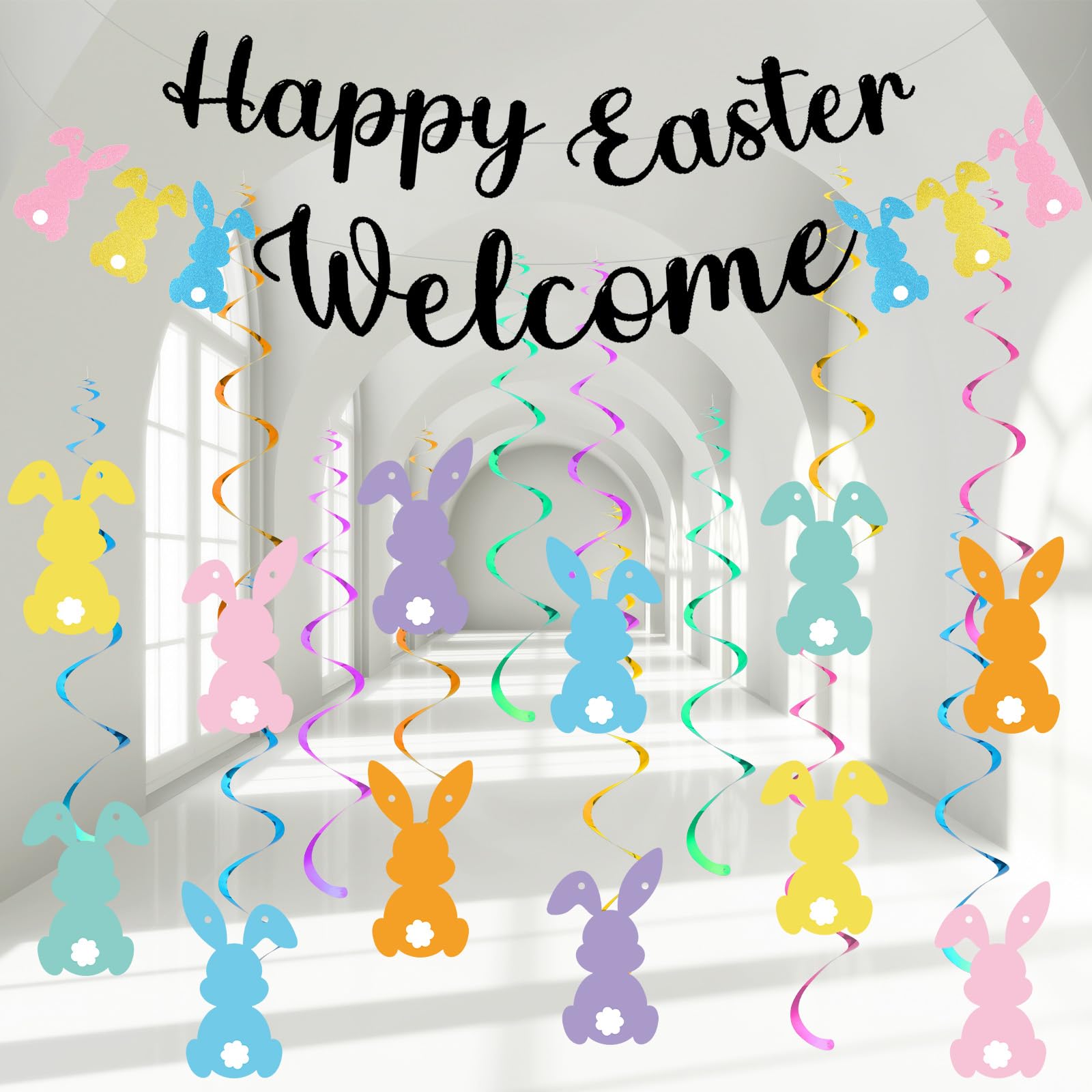 Photo 1 of Easter Hanging Swirl Decoration 26 Pcs Easter Decoration Happy Bunny Hanging Swirl Foil Banner Garland Bunny Party Decorations Glitter Colorful Cute Party Ornaments for Ceiling Home Office Wall