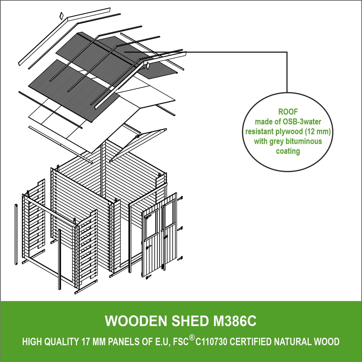 TIMBELA Gartenhaus Holz Mit Brennholzschuppen M386C - Geräteschuppen Holz B272xL206xH218 cm/ 3,53 + 0,97 m2 Lagerschuppen - Fahrradgarage Holz Wasserfestes Dach