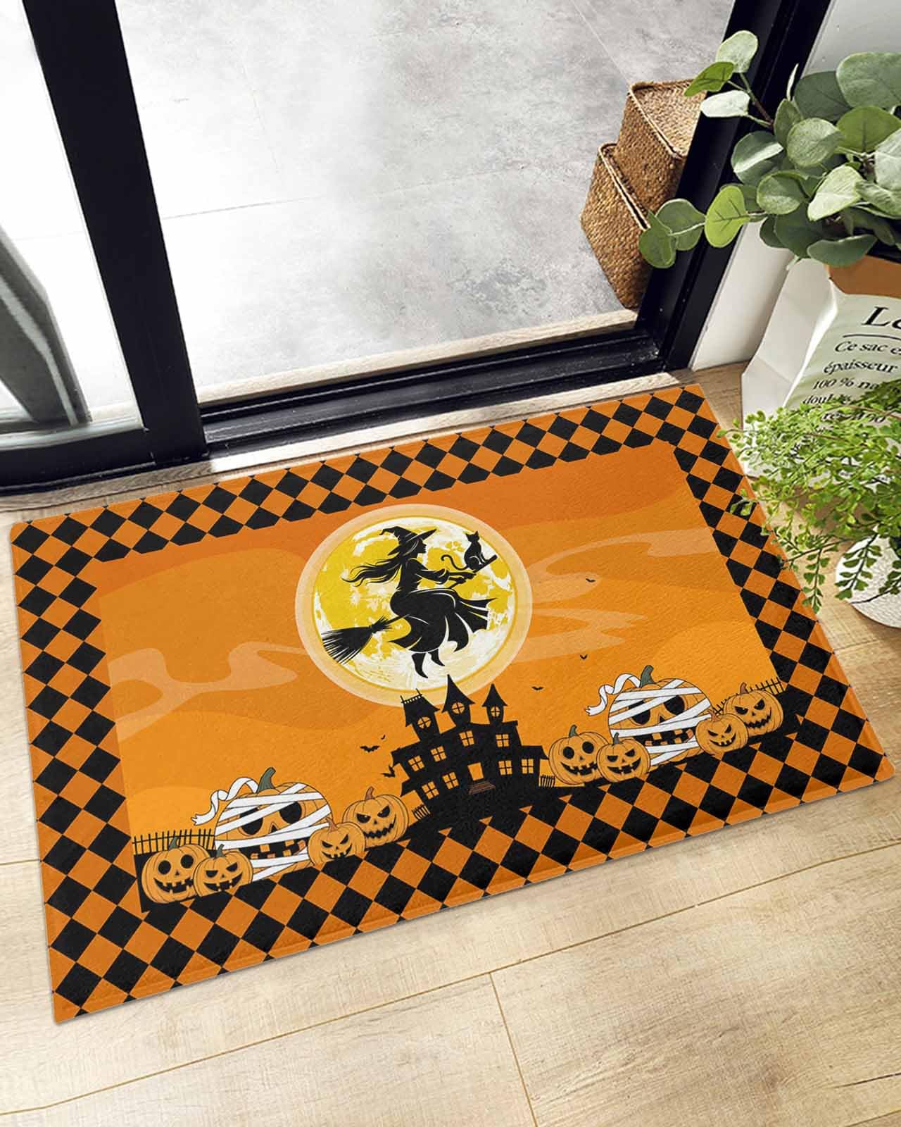 Indoor Doormat Orange Halloween Witch Pumpkin,Shaggy Floor Mat with Non-Skid Backing Castle Full Moon Cat,Machine Washable Plush Area Rug Carpets for Kitchen Nursery Bedroom
