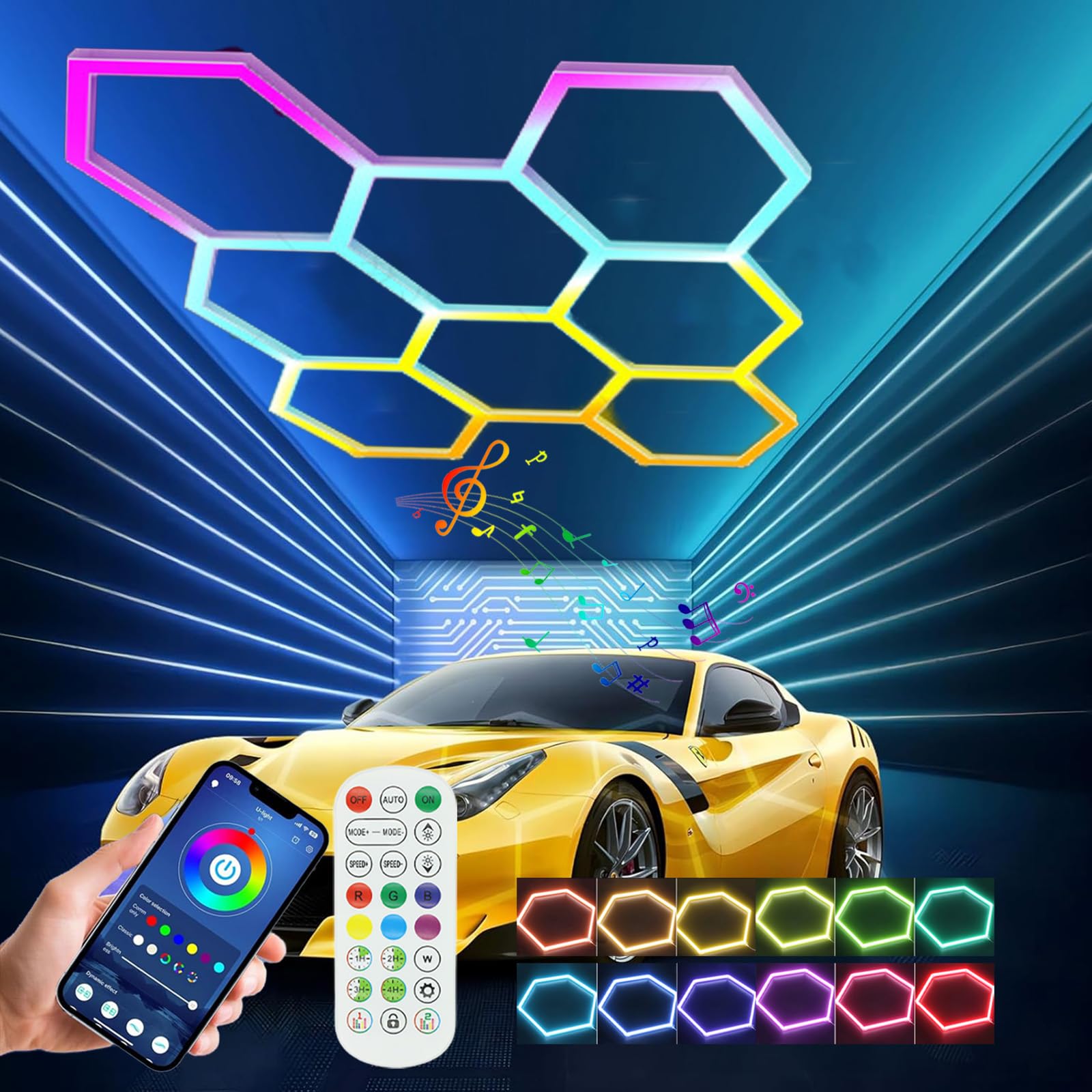 2025 Hexagon Garage Light RGB Garage Hexagon Lights con Modalità Musica & Remote Esagono Soffitto Luci Led con Cambiare Colore Auto Dettaglio LED Negozio Luce per Seminterrato Palestra Bar