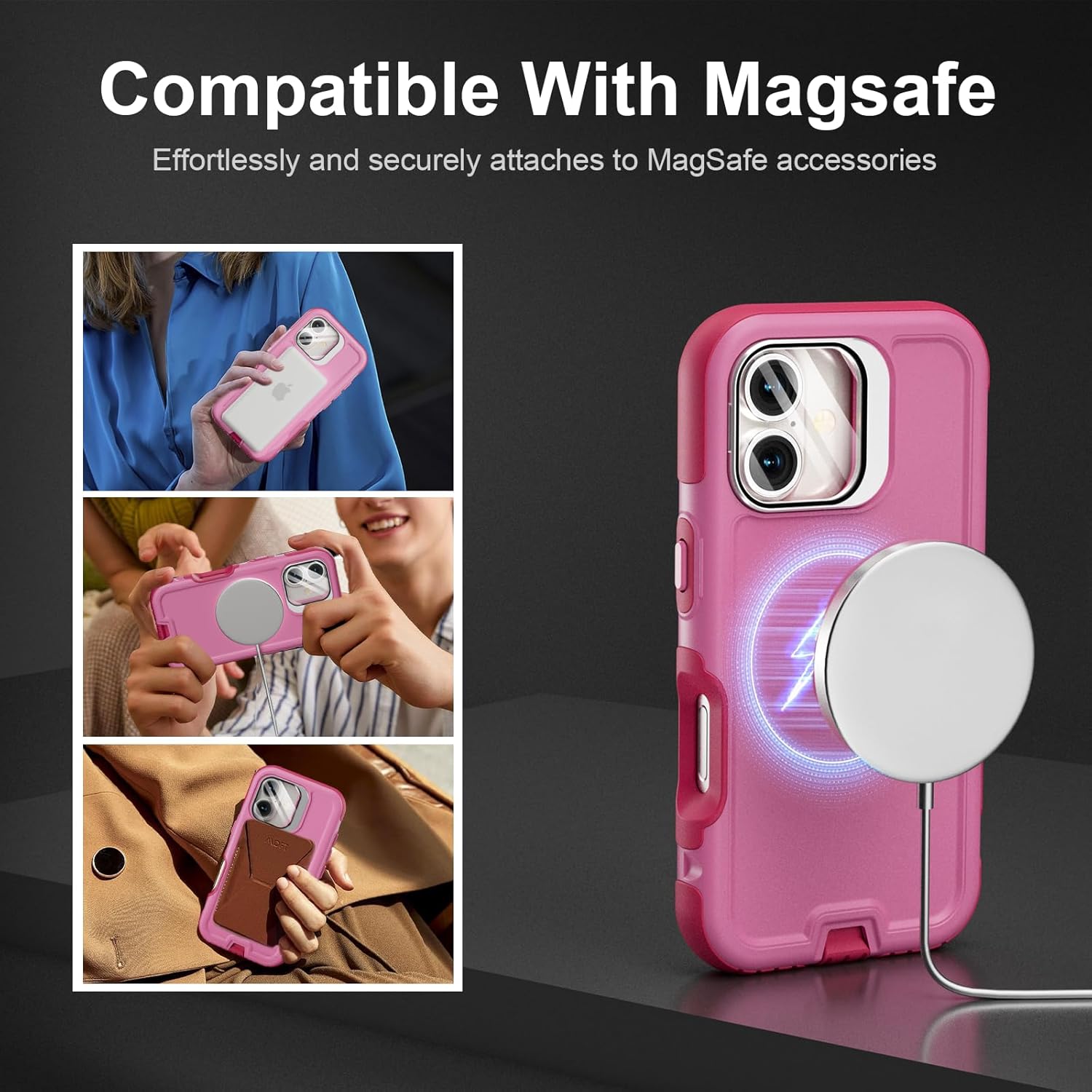Follaroma for iPhone 17 Case with Stand, Built-in Camera Cover, Compatible with MagSafe, Heavy Duty Shockproof Protection Phone Case, Anti-Drop, Magnetic Dual Layer Protective Cover, 6.3", Pink