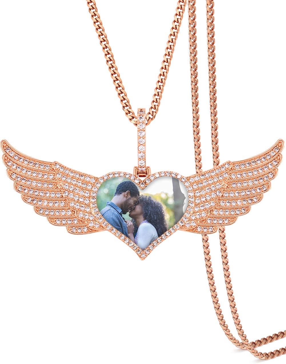 TUHE Custom Picture Necklace Personalized Hip Hop Iced out Heart Angle Wings Pendant Photo Necklace for Men Women Memory Chain Necklace Customized with Picture Rope/Tennis/Cuban Chain Necklaces