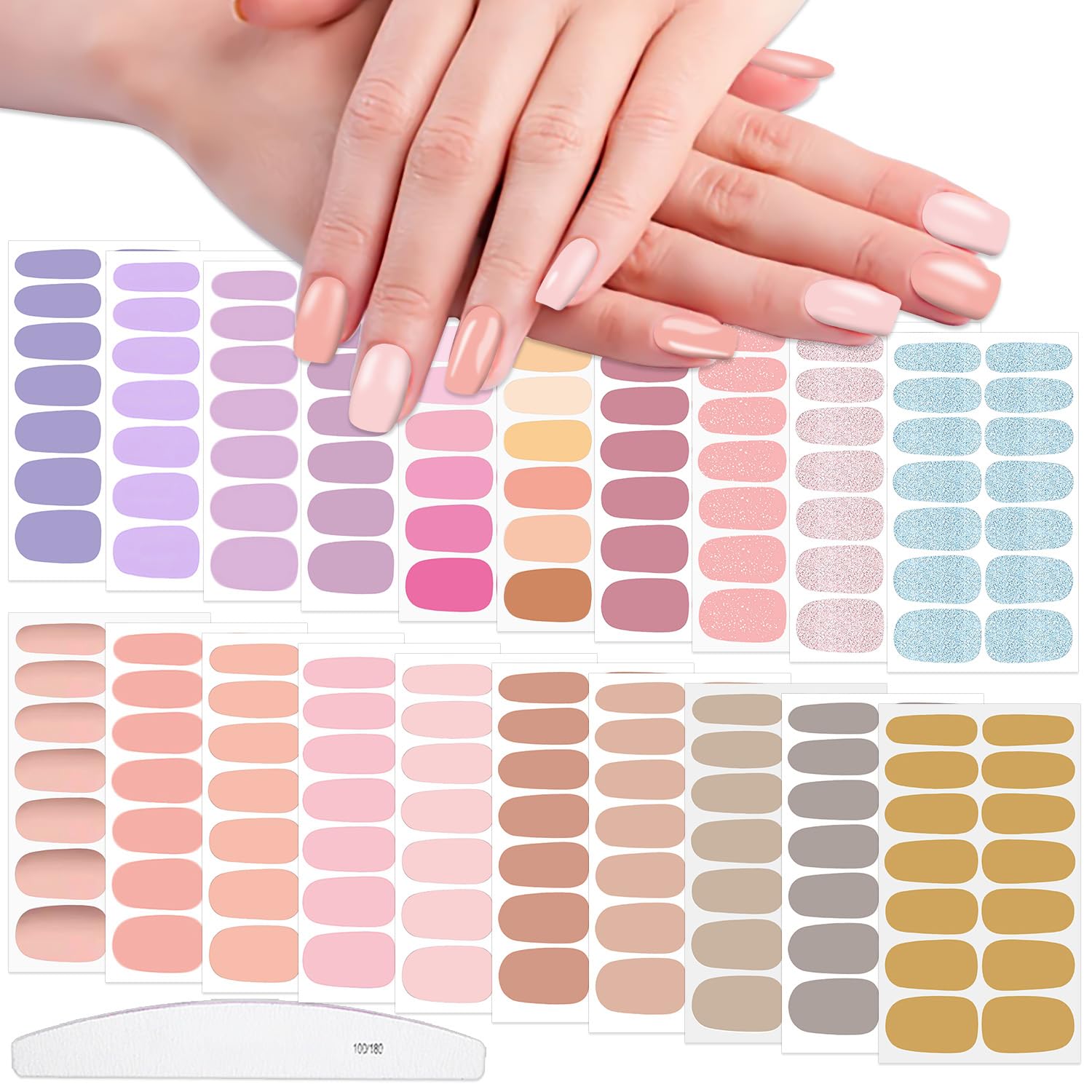 WOKOTO 20 Sheets Self-Adhesive Nail Polish Stickers Tips With 1pcs Nail File Full Nail Wraps Nail Art Decals Cute Light Color Series Gel Nail Strips
