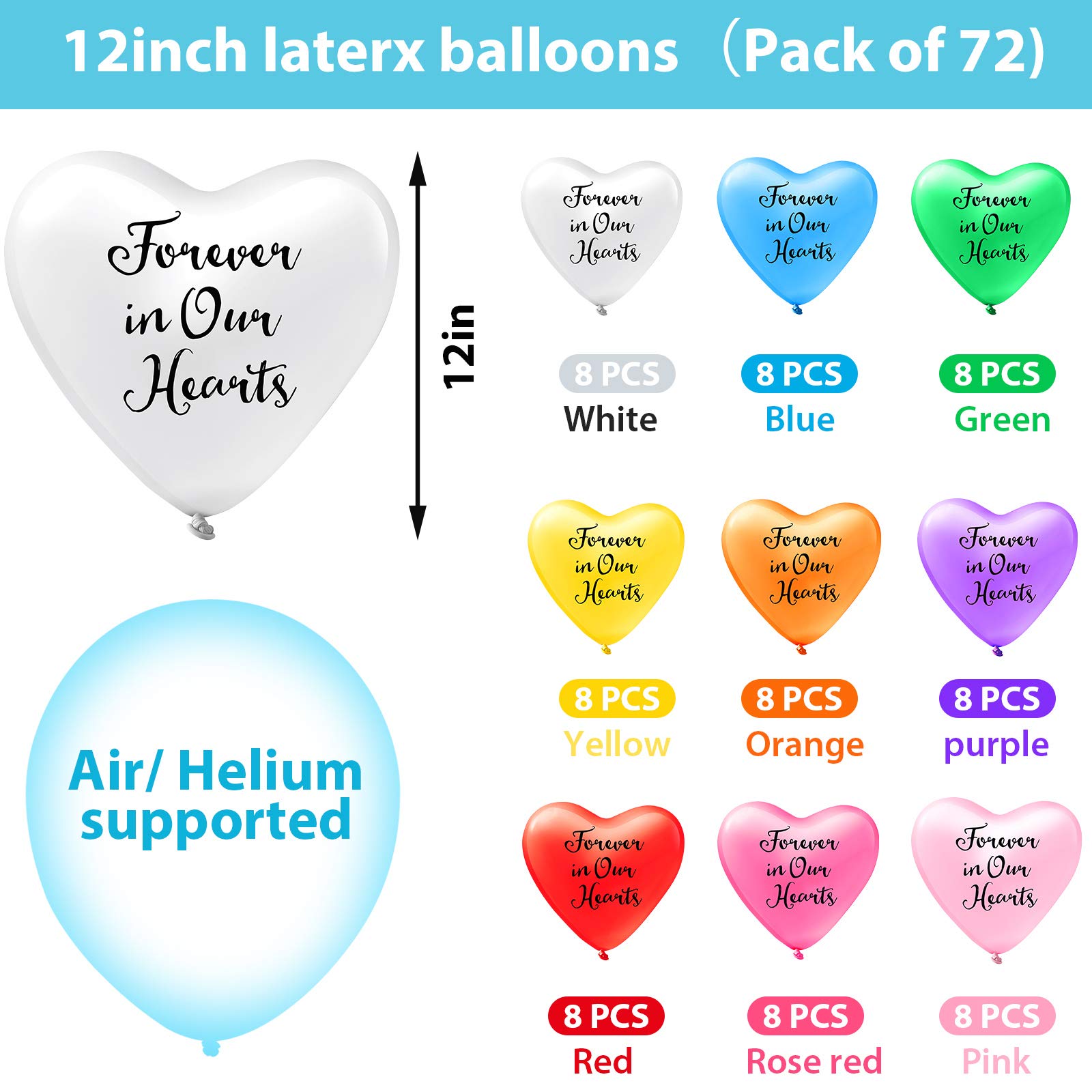 72-Piece Memorial Balloons Set With Ribbon - Colored Latex Balloons For Funeral Releases
