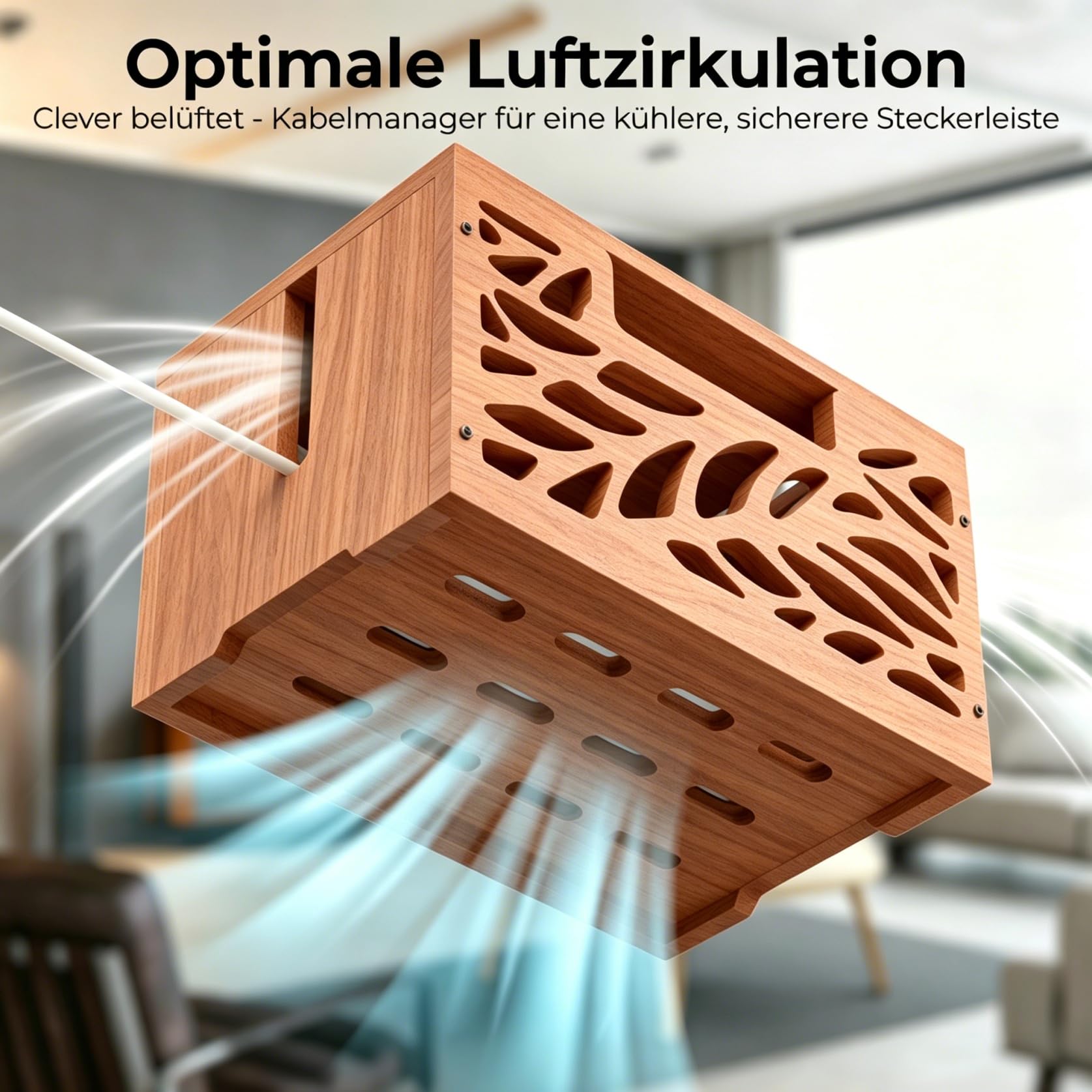 Große Kabelbox Holz mit Deckel zum Verstecken von Kabeln für Zuhause & Büro | Kabelmanagement box gegen Kabelsalat, HxBxT: 20,5 x 34,4 x 20 cm, Steckdosenbox mit Lüftung für Steckdosenleisten Verstecken