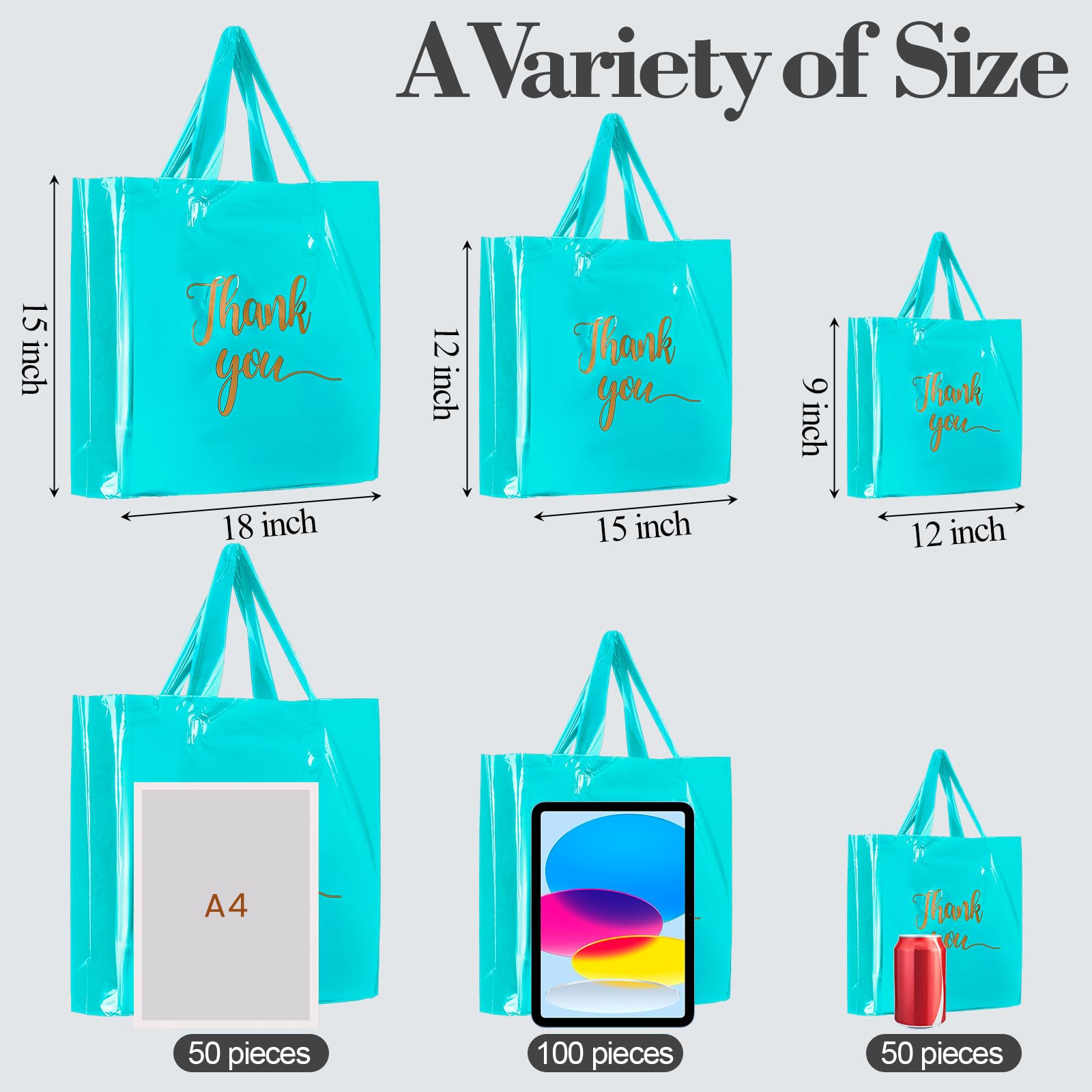 Teling Dankesbeutel mit Griff, Großpackung, Dankeskarten, 3 Größen, Kunststoffverpackung, Einzelhandel, Einkaufspaket für Boutique, 22,9 x 30,5 cm, 30,5 x 38,1 cm, 38,1 x 45,7 cm, Himmelblau, 200