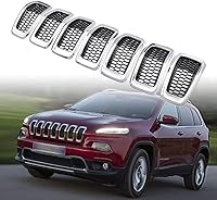 Vista 9 de Compatible con Jeep Cherokee 2014-2018 Kit de inserción de cubierta de parrilla de 4 puertas, 7 piezas (rejilla de malla negra + moldura cromada)