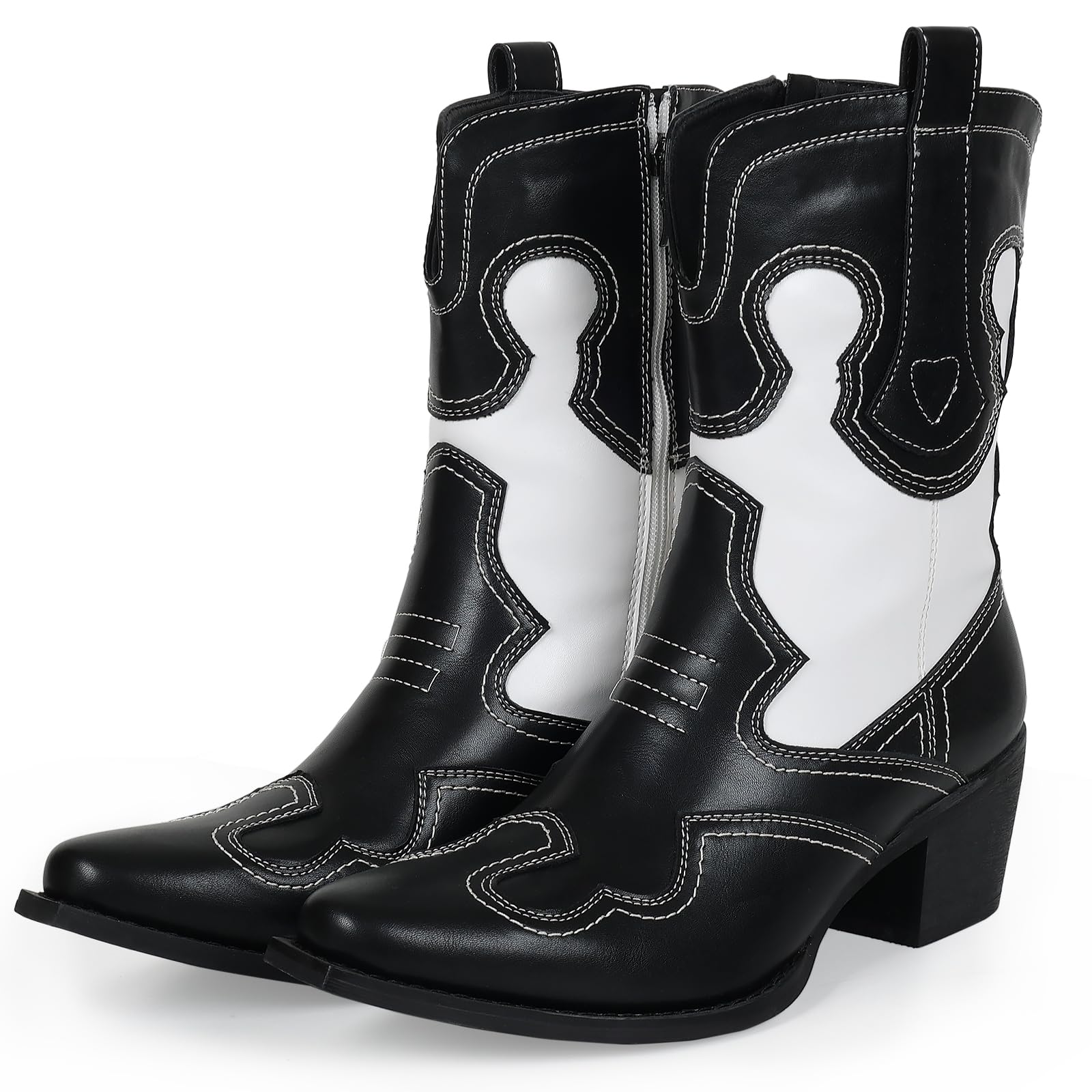 gioanroca Western Woman Cowgirl Boots with Chunky Heel Pointed Toe Cowboy Boots White Patchwork Trendy Cowboy Stitched Pointe Toe Mid Shaft Boots