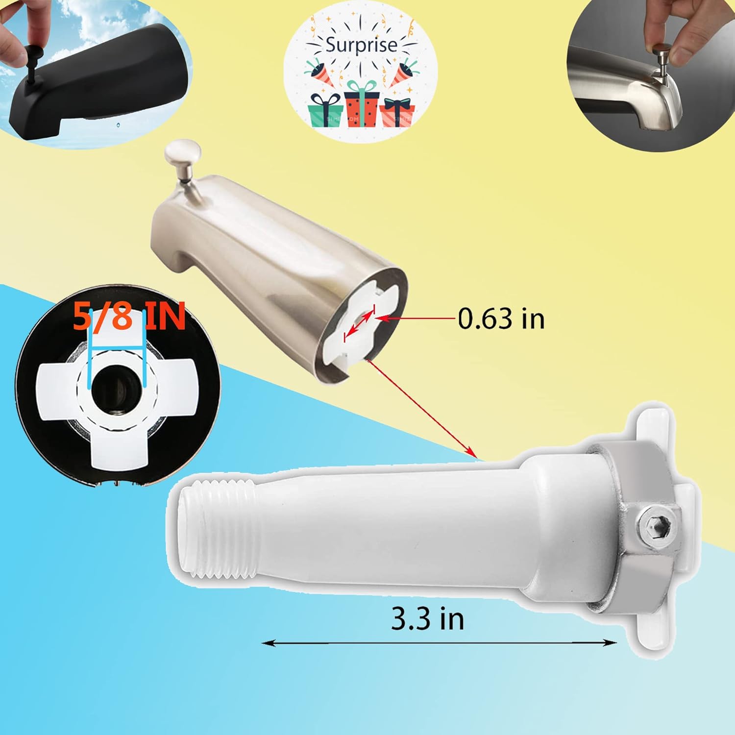 Slip Fit Tub Spout with Pull-Up Diverter for 1/2 inch Copper Tube,5.4 INCHES in Length,Easy to Install,Chrome (Not Applicable to Threaded Pipes) Thickened and Elongated Design 300 Grams