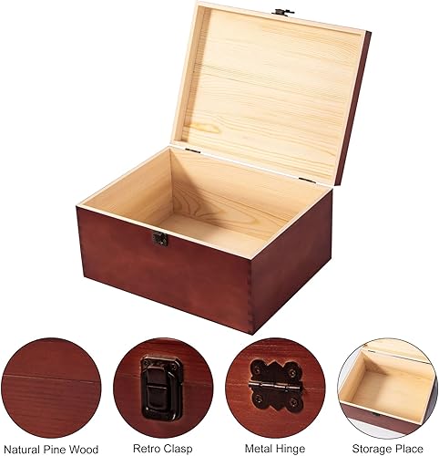 Miniatura 2 de Caja de almacenamiento de madera vintage con tapa con bisagras, cierre frontal, caja de recuerdos grande de 12 x 9.3 x 5.9 pulgadas, cajas de madera