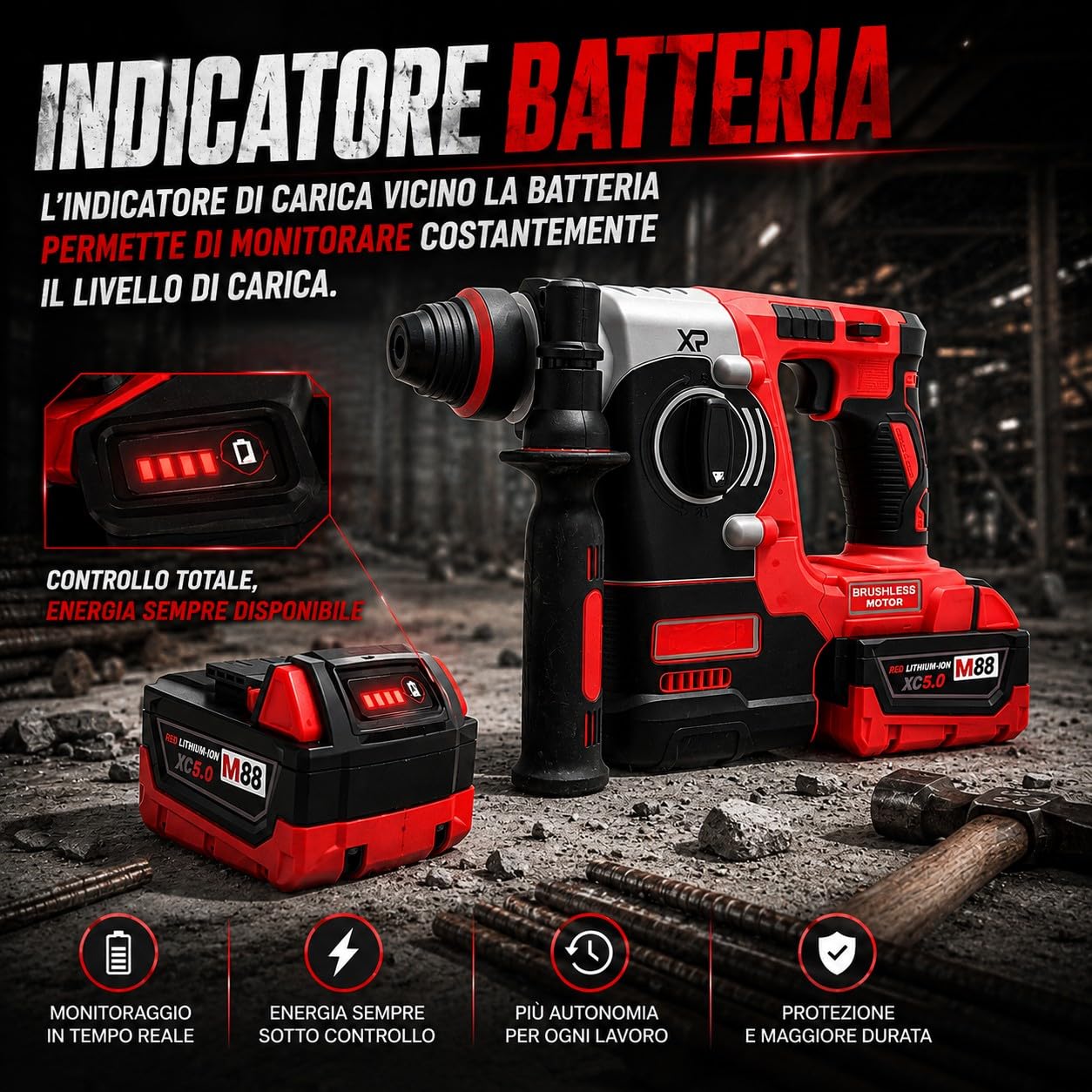 Trapano Tassellatore a Percussione SDS PLUS M88 con Motore Brushless 2 Batterie 5Ah 2.3J 0-1200 RPM 3200 BPM Luce LED Martello Perforatore