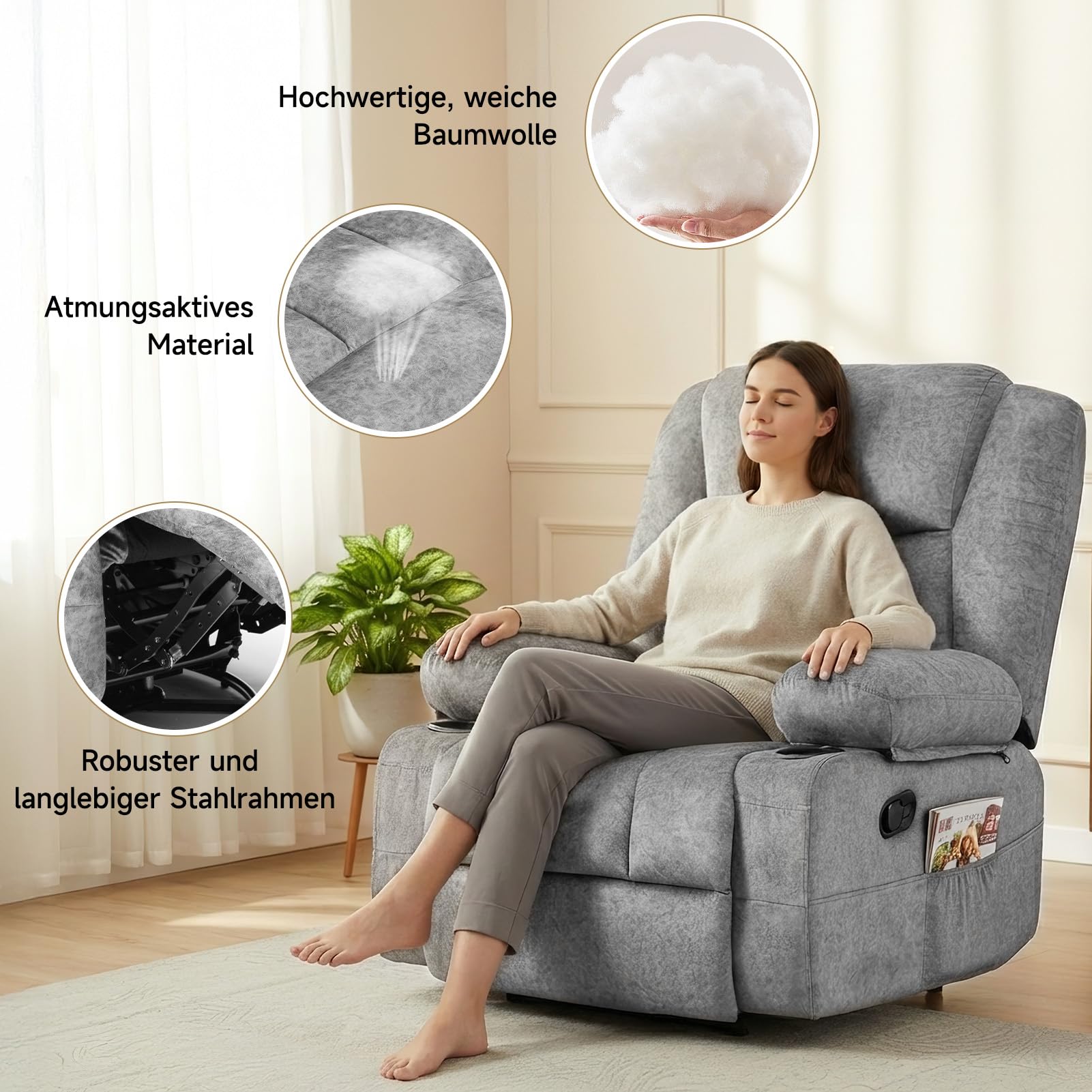 HAUSPROFI Fernsehsessel mit Wärme und Massage, Relaxsessel mit Liegefunktion, TV Sessel Wohnzimmer 360° Drehbarer mit 6 Seitentaschen Getränkehalter, Elektrisch Verstellbar Massagesessel, Grau