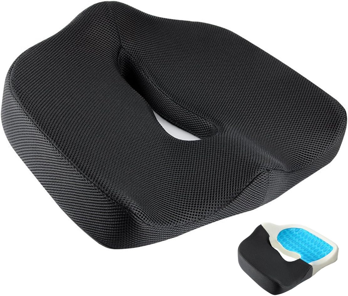 Coccyx Memory Foam Seat Cushion, Orthopedic Chair Pad for Prolonged Sitting, Premium Cooling Gel-Enhanced Pain Relieving Pillow (Black)