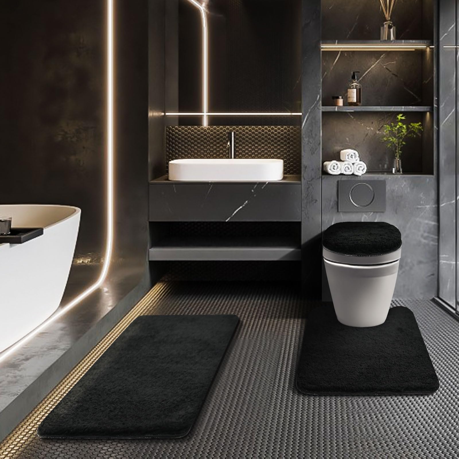 Schwarzes Badezimmer-Set mit Duschvorhang und Teppichen und rutschfesten U-förmigen WC-Vorhängen Set 4-teilig für moderne Luxus-Badezimmer-Dekoration