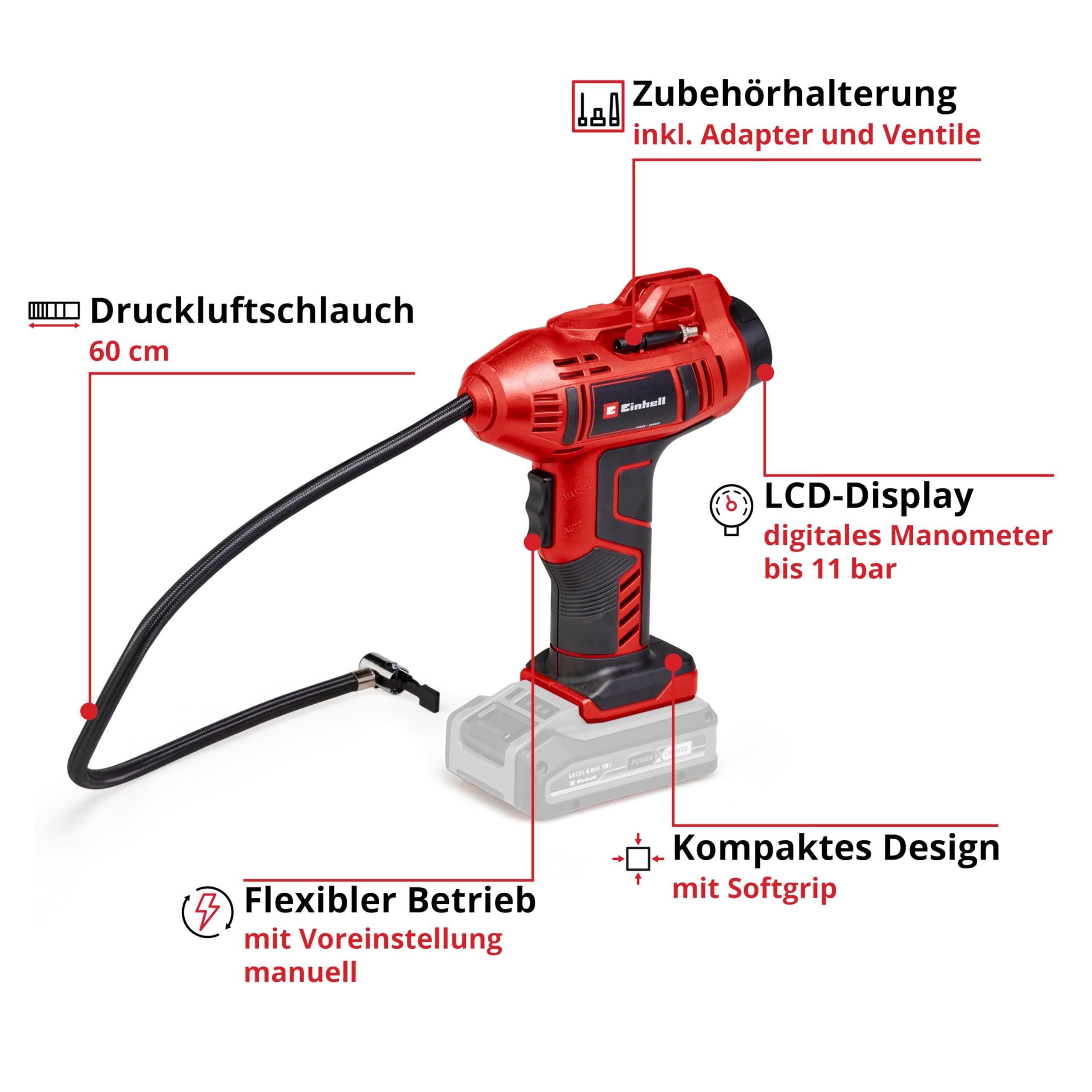 Einhell Akku-Autokompressor CE-CC 18 Li-Solo Power X-Change (Li-Ion, 18 V, max. 11 bar, 60 cm Druckluftschlauch, automat. Abschaltfunktion, Lieferung ohne Akku & ohne Ladegerät) - 4
