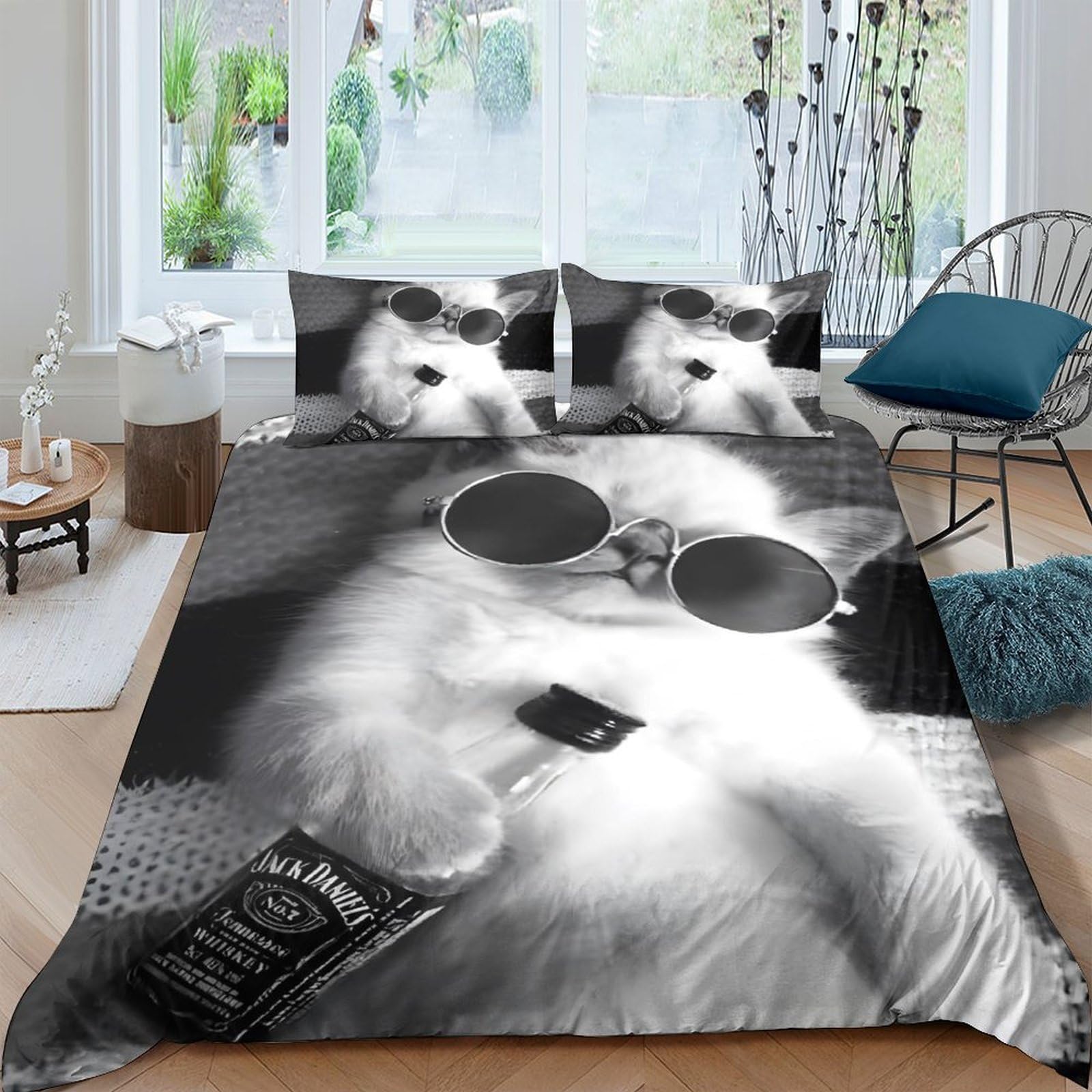 Ctjqhvkz Style-3 3D Printed Cool Cat Fitted Sheet Microfiber Soft Fun Animal Sunglasses Bed Cover For Bedroom Dorm Decorative Single（135X200cm）