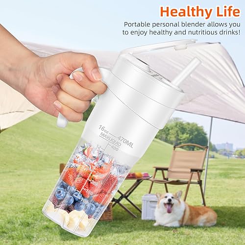 Miniatura 6 de Licuadora portátil para batidos y batidos, licuadora portátil de 16 onzas, licuadora de tamaño personal con 6 cuchillas, mini licuadora recargable