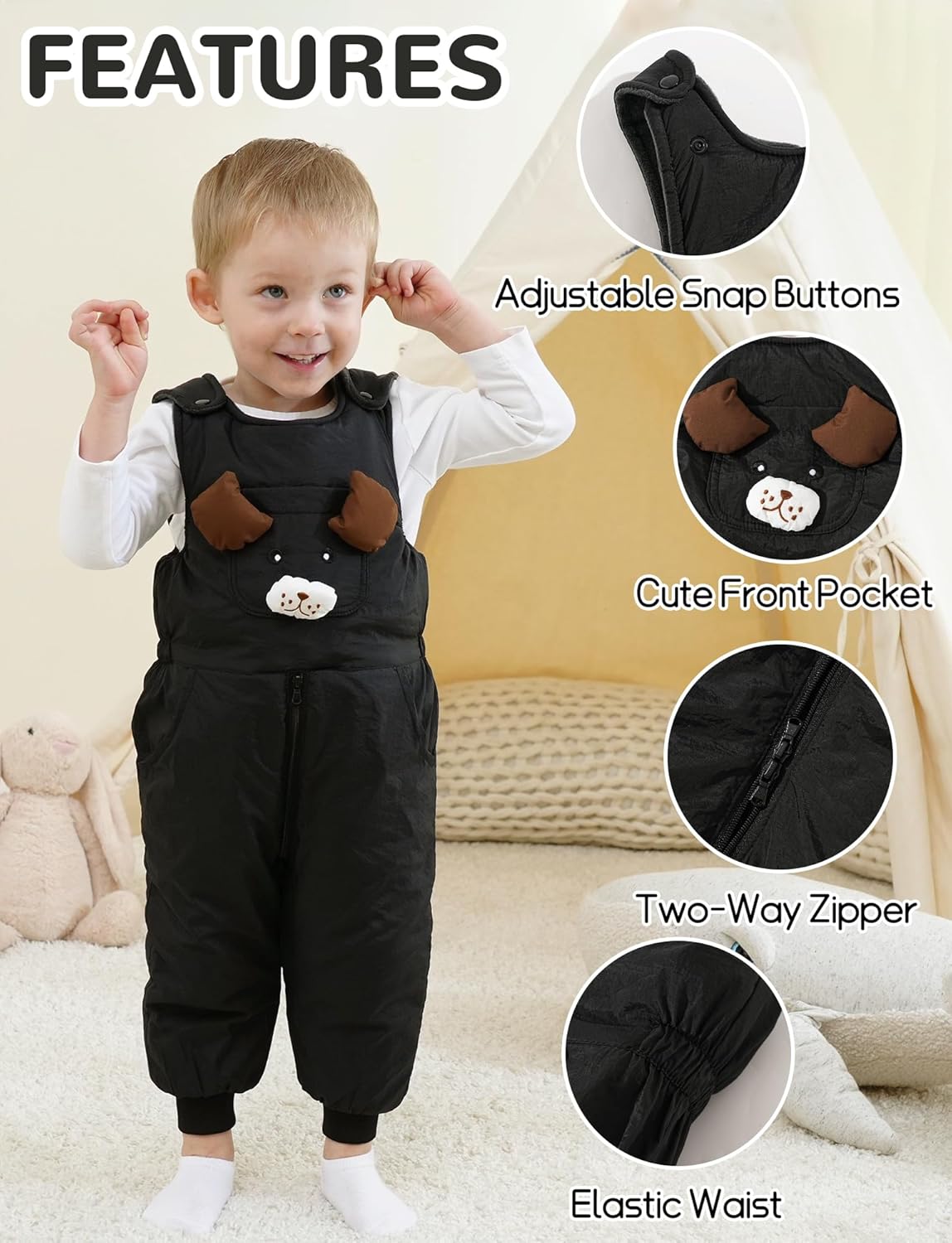 Happy Cherry Toddler Boy Girls Winter Warm Fleece Line Bib Pants Cartoon Snow Ski Overall Insulated Zip Up Bibs Snowsuit