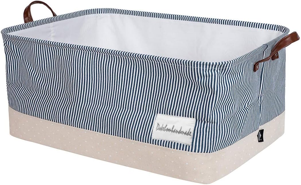 DOKEHOM 22-Inches X-Large Storage Basket with Lid, Drawstring Canvas Underbed Storage, Collapsible Laundry Hamper for Clothes (Navy Blue, XL)