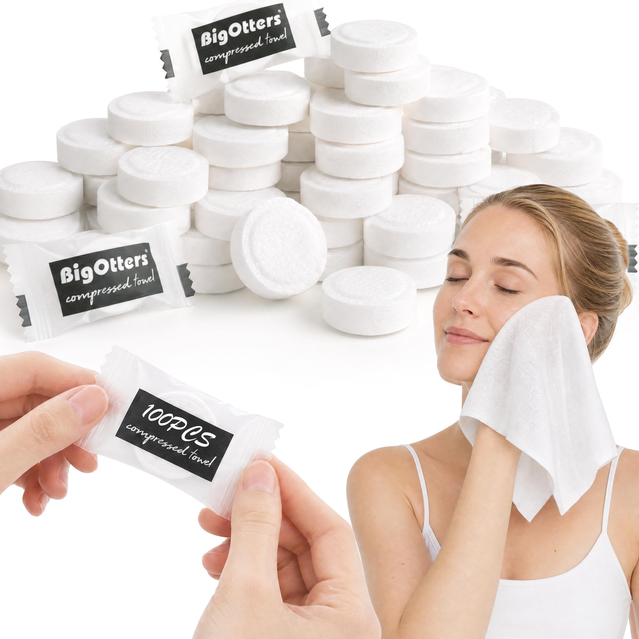 BigOtters 100PCS Compressed Towels, Disposable Face Towels for Travel Cleaning Supplies, Expandable Wipes Tablets Survival Gear and Supplies for Outdoors Camping Hiking Hotel