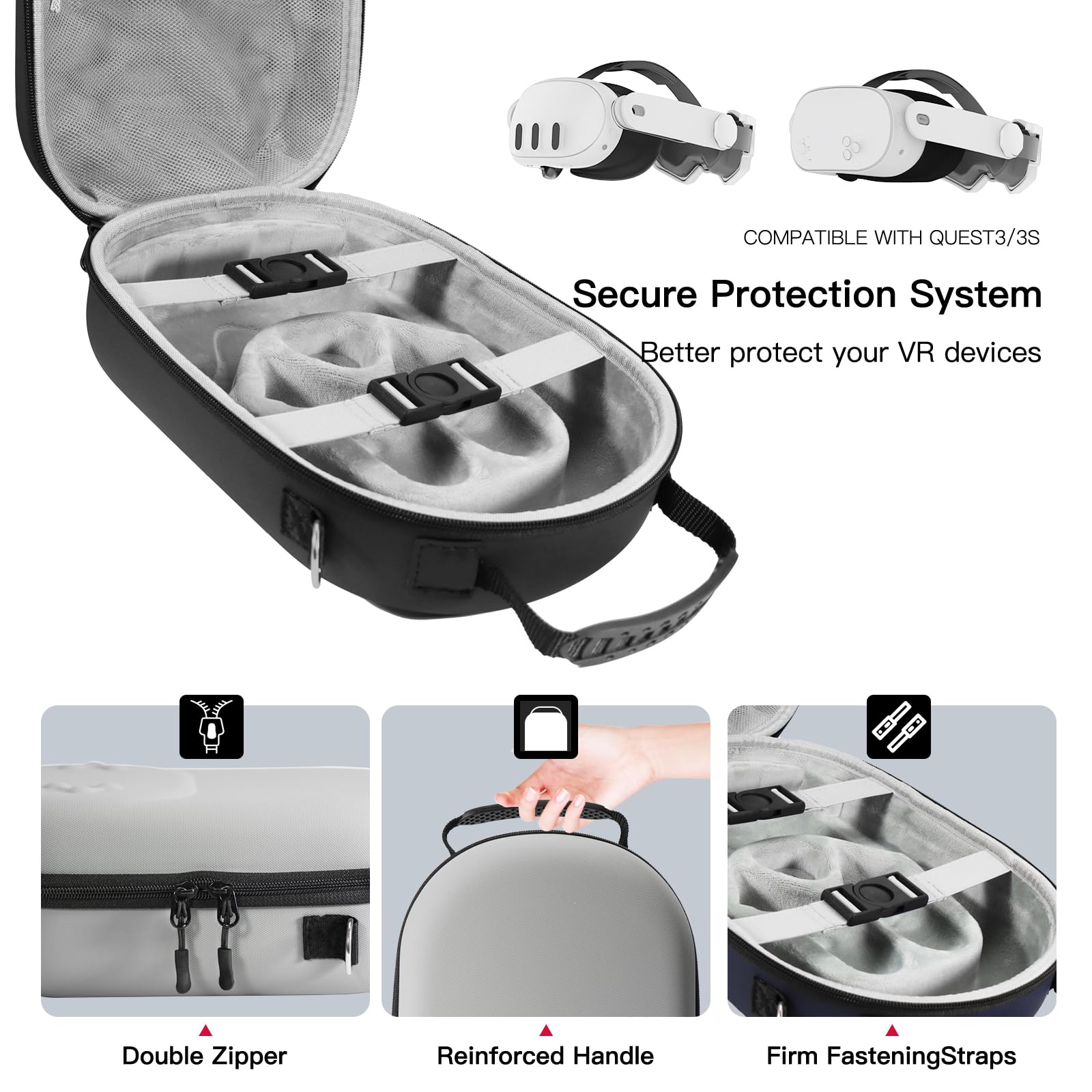 Hard Carrying Case Compatible with Oculus Meta Quest 3/3S,VR Headset Elite Strap and Touch Controller Accessories Carry Case,Hard Shell Travel Storage Bag (Black) - 5