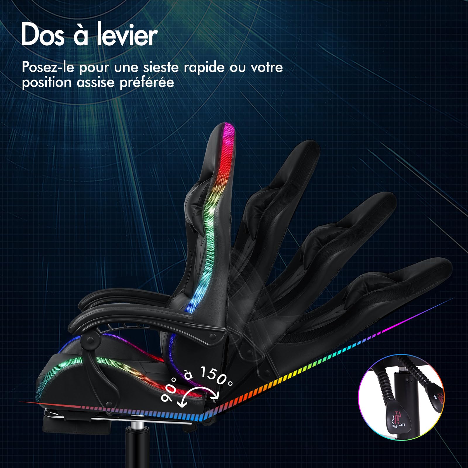 ALFORDSON Chaise de jeu massante avec LED, ergonomique, inclinaison de 150°, repose-pieds escamotable, en similicuir PU, hauteur réglable, capacité 180 kg, Noir