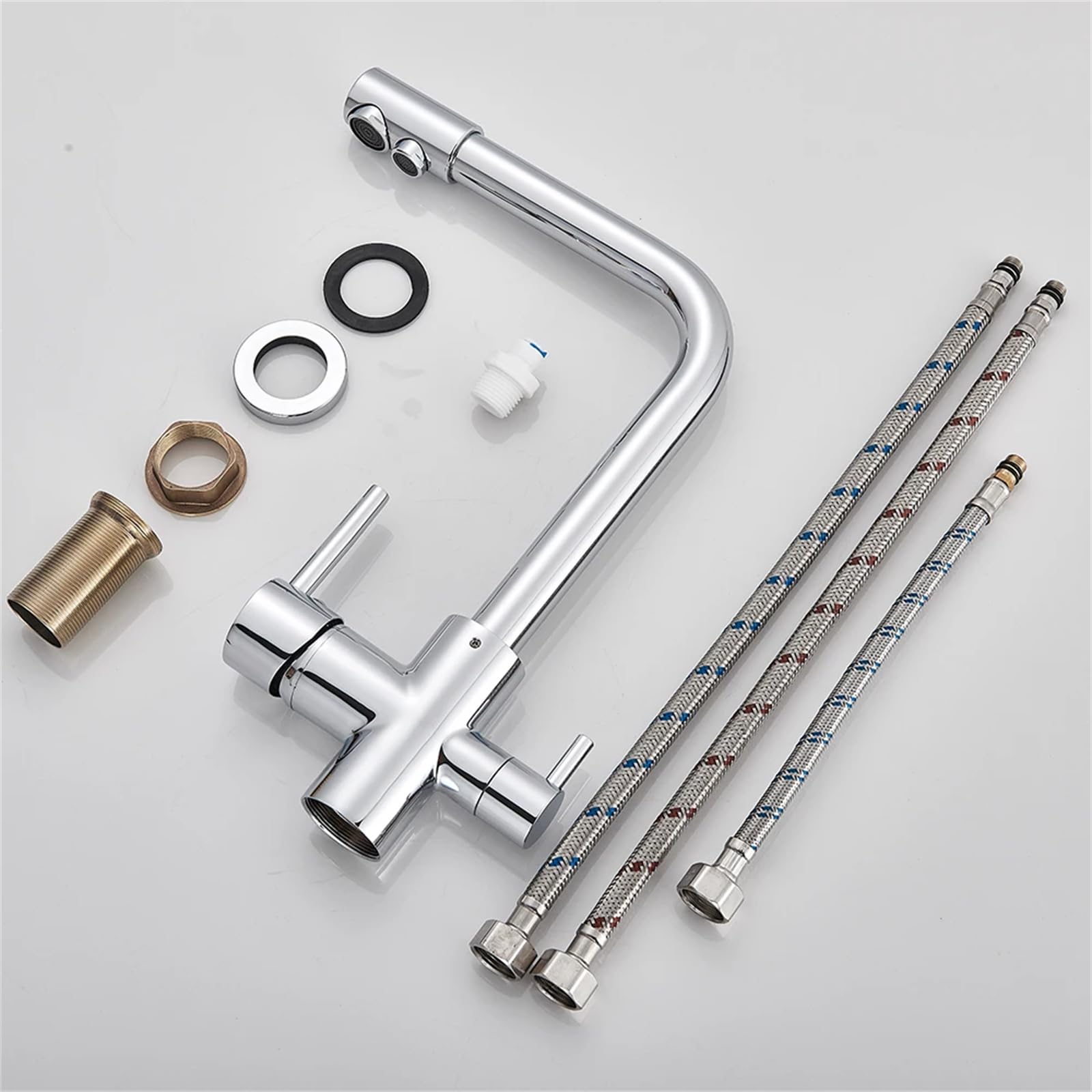 Grifo de cocina, grifo de latón cromado, agua purificada, grifo de cocina, grifo, filtro de agua, grifo, montaje en encimera, manijas dobles, grifos de agua fría y caliente, grifo de latón antigu