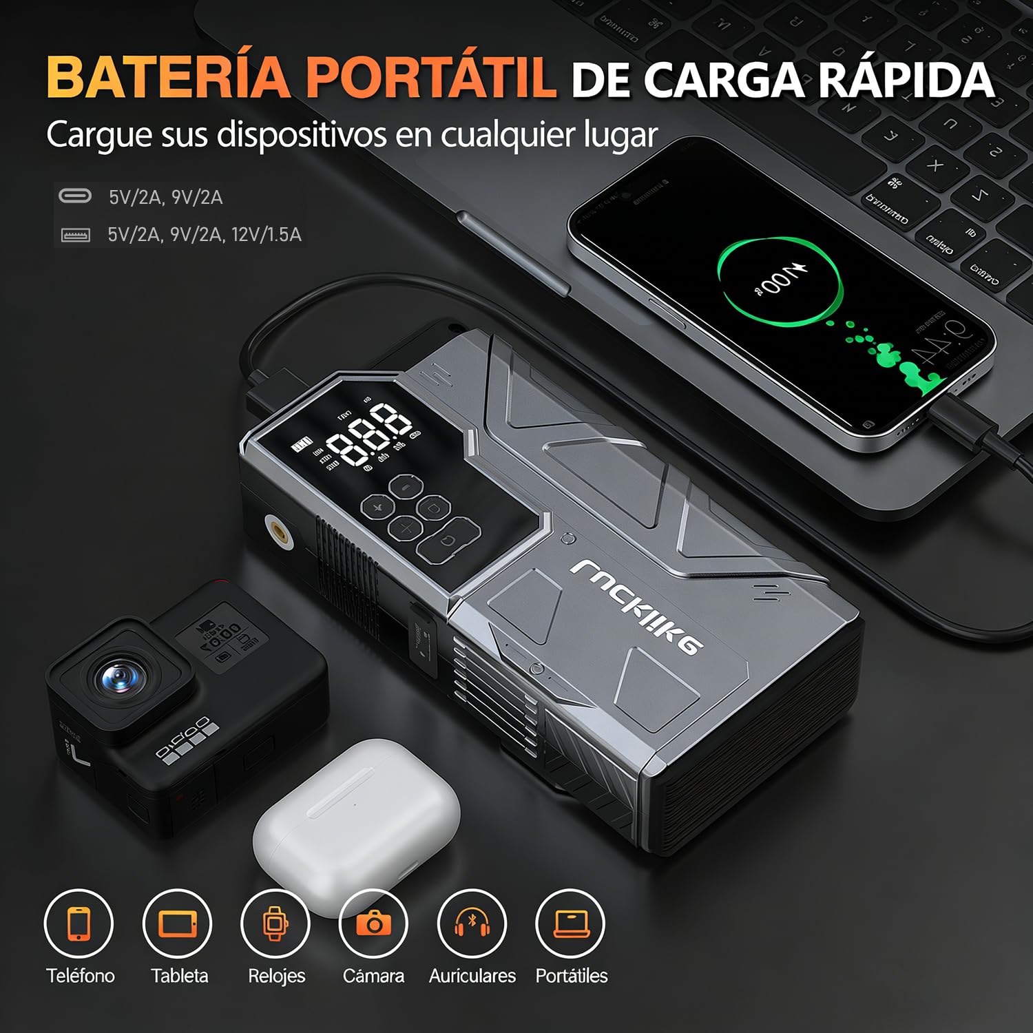 Lucklike Arrancador de Baterías de Coche con Compresor, 12V Jump Starter | 150PSI Arrancador de Coches para Vehículo (Todo Gasolina o 12L Diésel), con Pantalla LCD, Luz LED 800LM de Emergencia