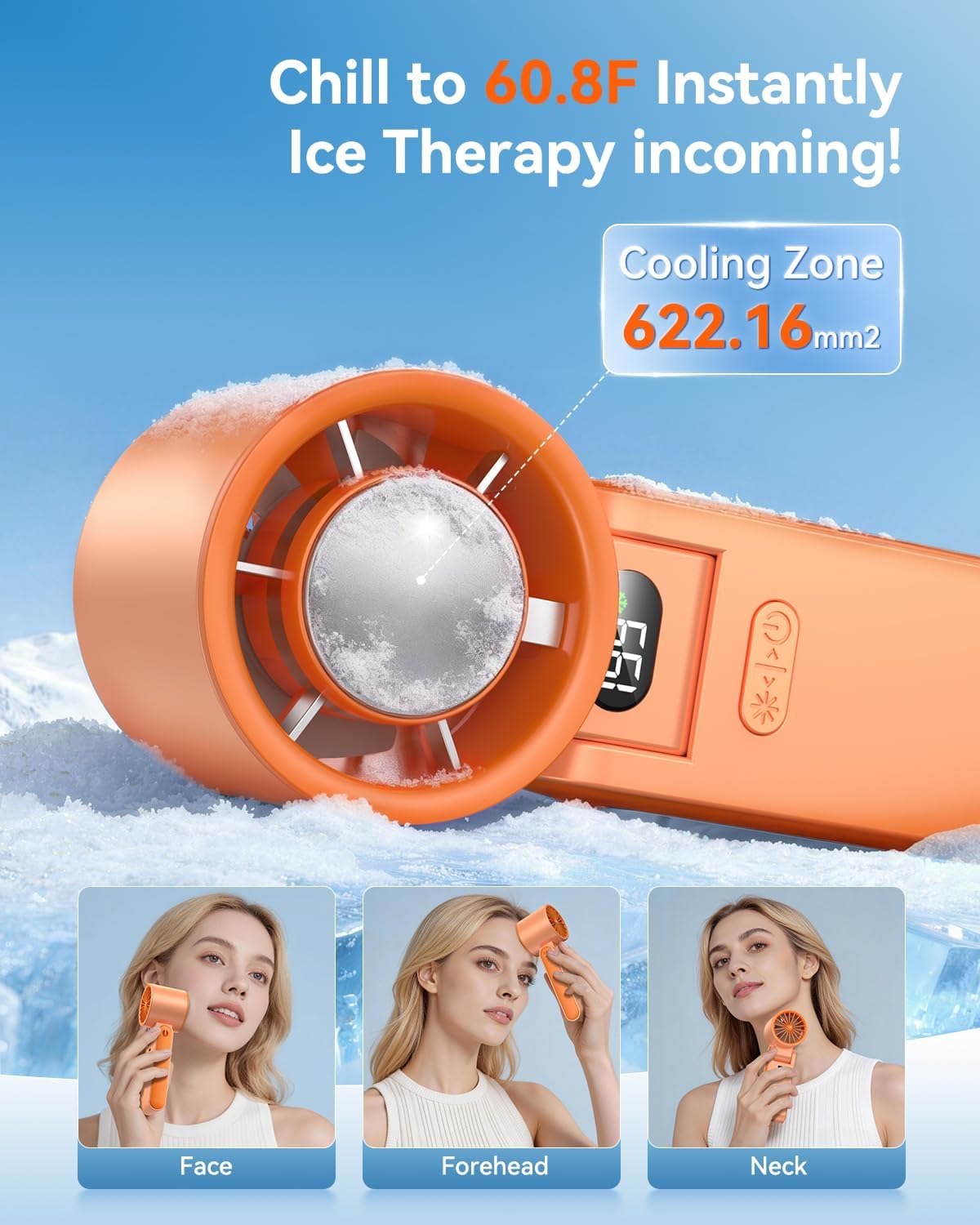 Portable Handheld Fan with Ice Cooler, 199 Speed Personal Fan,5500mAh Rechargeable,20H Cooling Time,20000 RPM Powerful Motor, Summer Essential for Travel/Outdoor/Office, Orange image 3