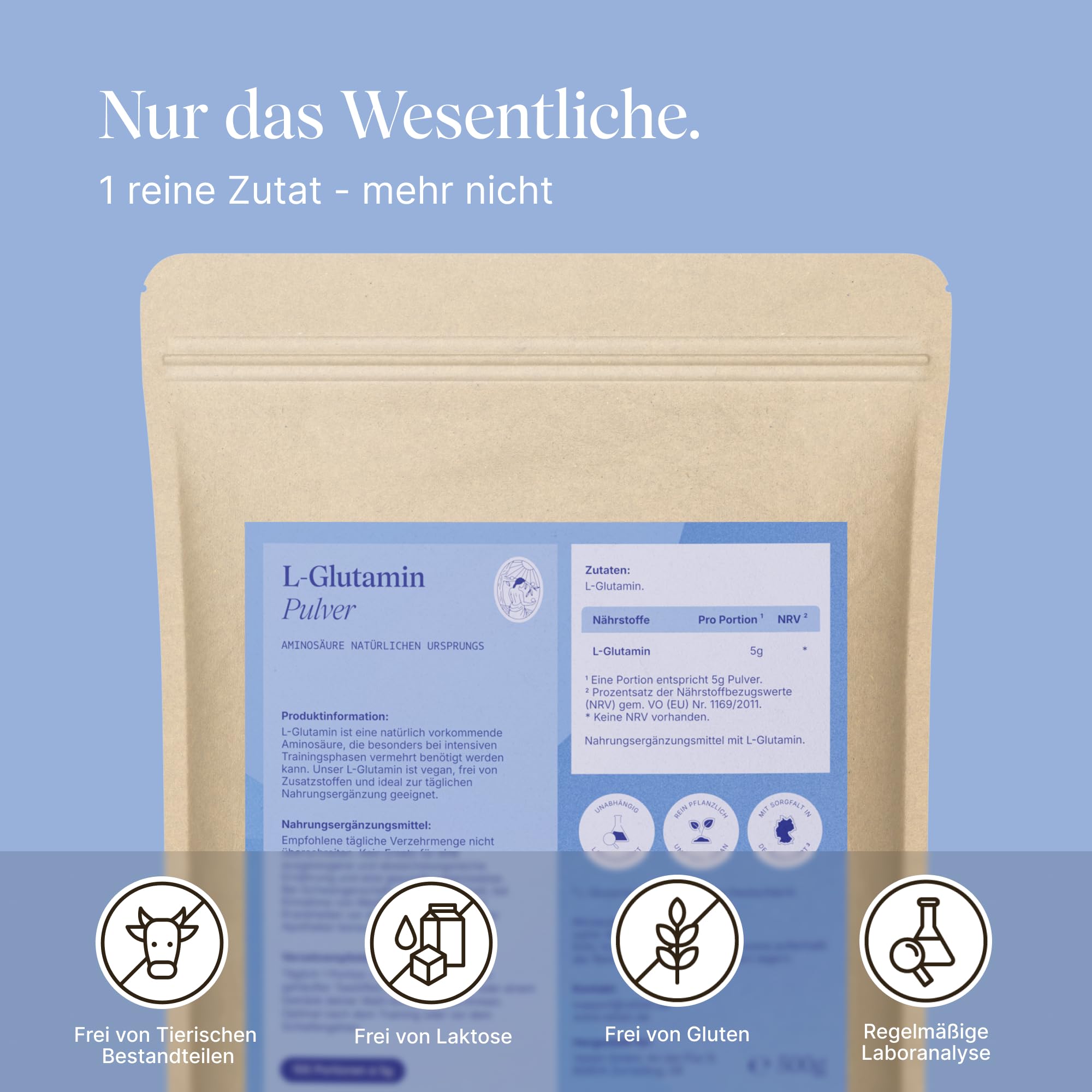 VETAIN L-Glutamin Pulver - 500g - reines & ultrafeines Glutamine – vegan, hochdosiert & ohne Zusatzstoffe - geschmacksneutral – in Deutschland produziert - 100 Portionen