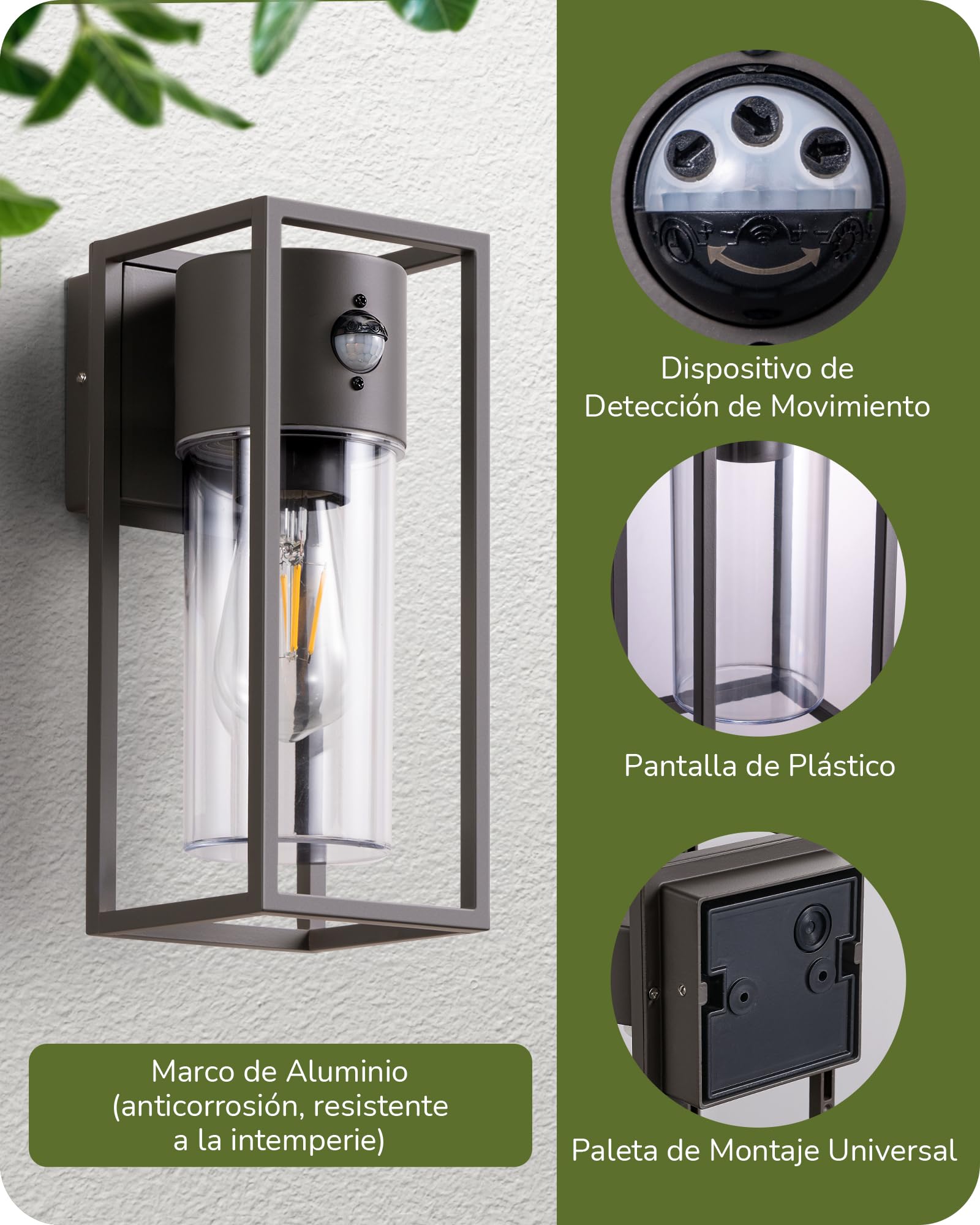 EDISHINE Aplique Pared Exterior E27, Sensor de Movimiento, IP44, Antracita | Carcasa de Aluminio con Sensor Crepuscular, Sin Bombilla, Impermeable para Jardín, Fachada y Puerta de Entrada