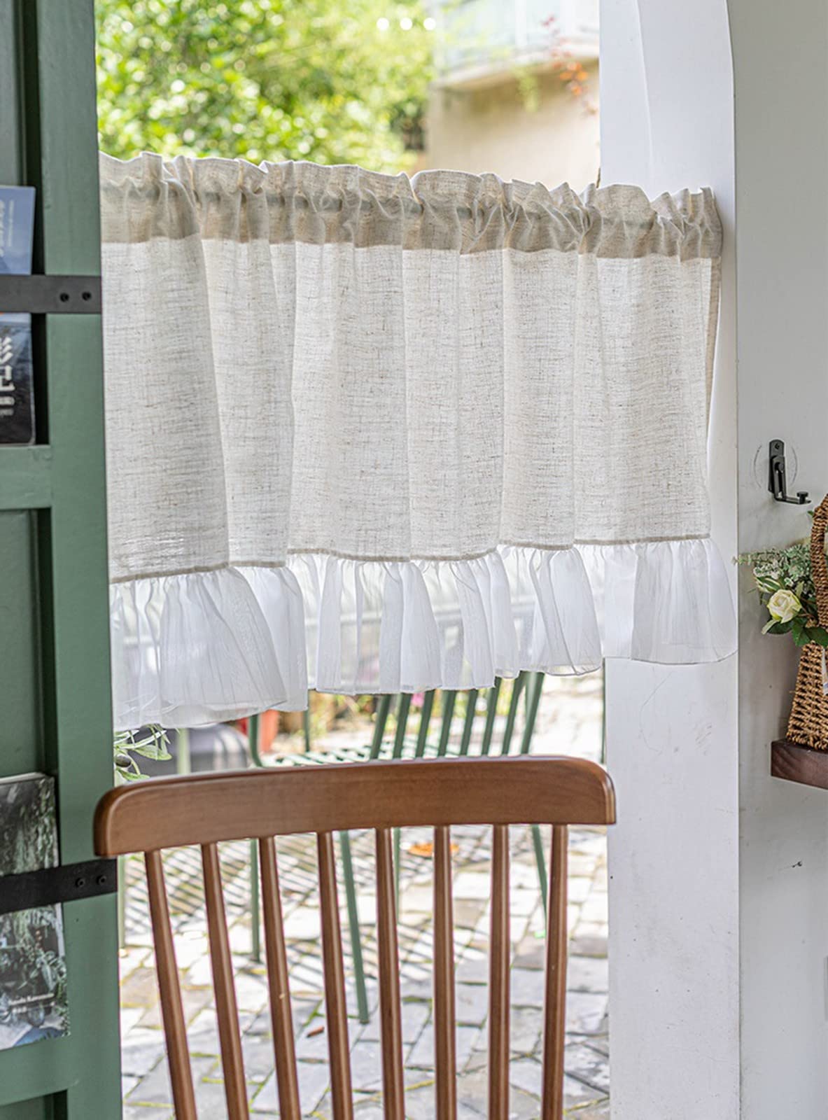 Petit rideau de fenêtre beige en coton et lin avec bordure en dentelle, voile blanc, demi-rideau de cuisine, bistrot, voilage moderne pour porte en verre