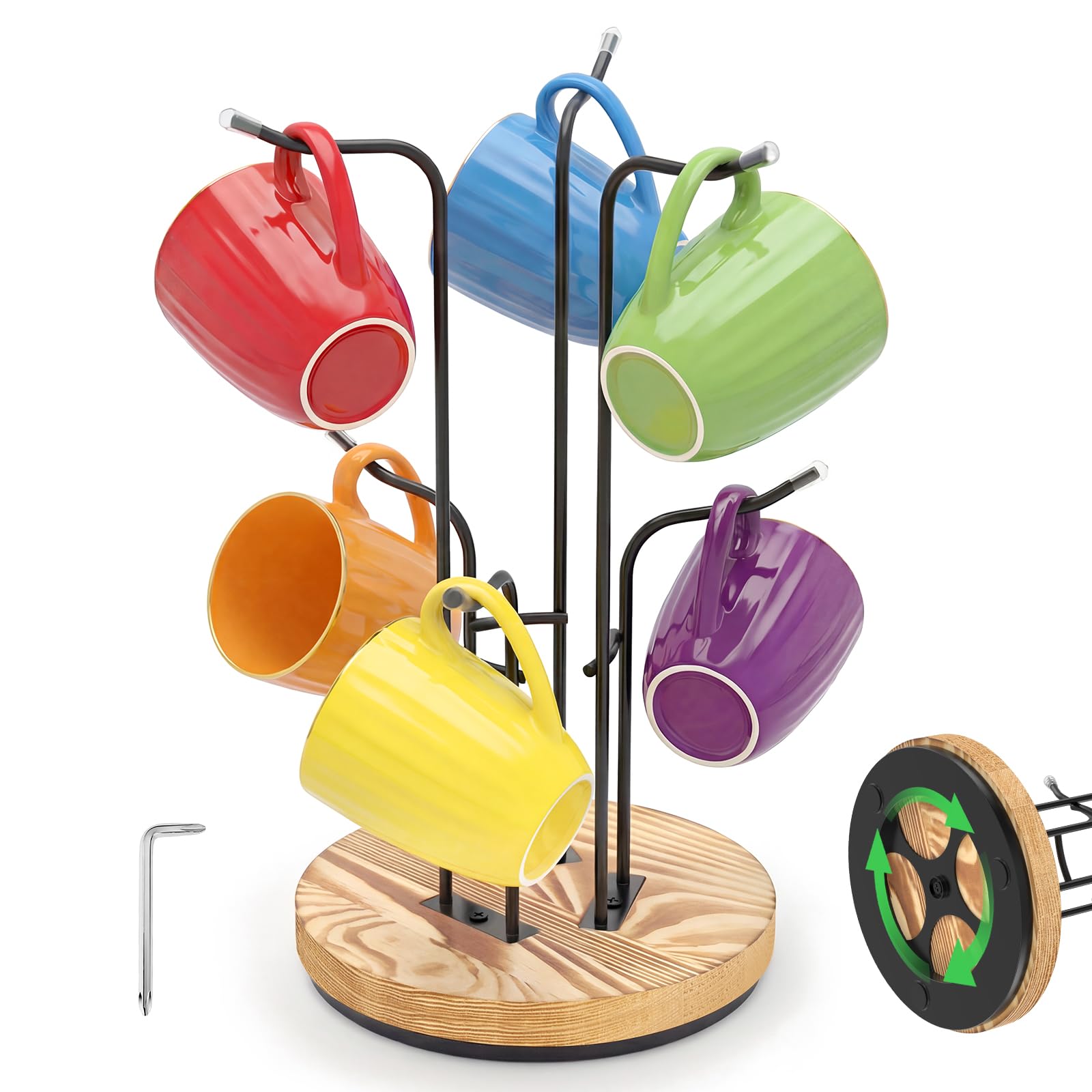 QINGLANG 360° Rotating Coffee Mug Tree with 6 Hooks Freestanding Metal Cup Holder Stand for Countertop with Stable Wooden Base Space-Saving Tea Cup Rack Organiser for Kitchen Worktop & Coffee Station