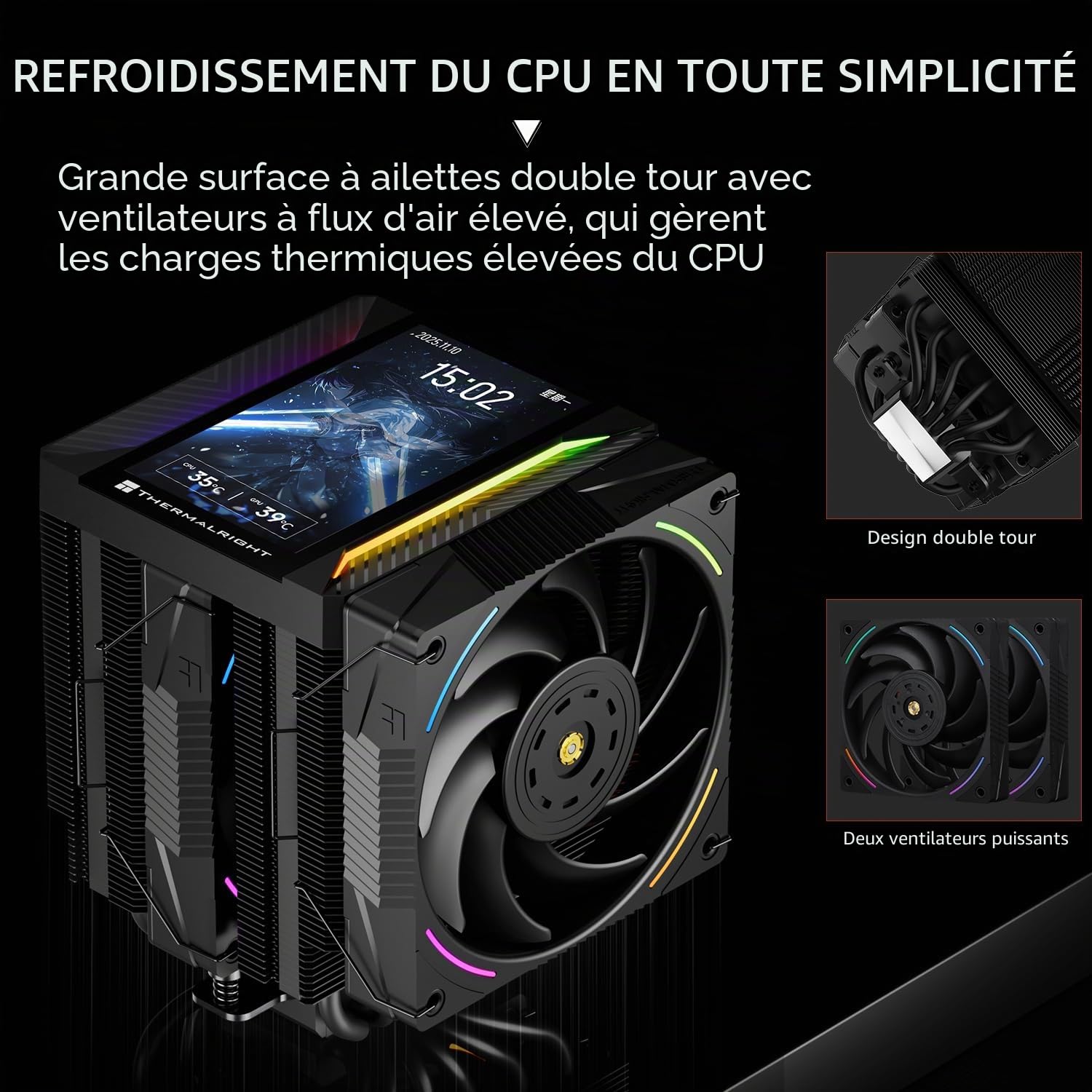 TR Peerless Assassin 120 Vision Max ARGB Black Refroidisseur d'air pour processeur, avec 2 ventilateurs TL-K12 PWM, écran magnétique de 5" (résolution 480 x 854), pour LGA1851/1700 & AM5