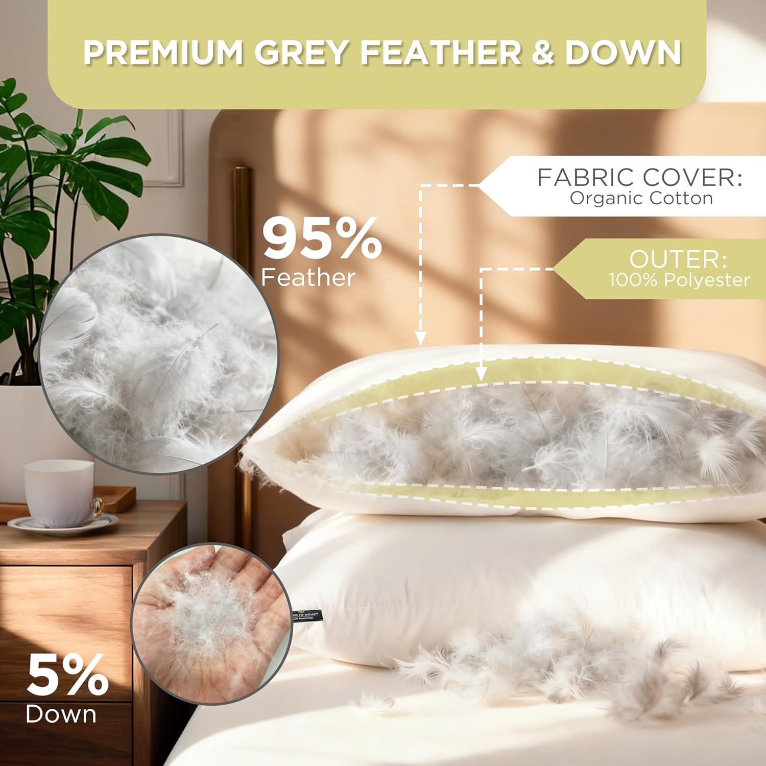 Farm to Home Feather and Down Pillows, 100% Organic Cotton Cover Pillows, Luxury Hotel Collection Bed Pillows for Sleeping, 20" x 28" Jumbo Size Set of 2 - Image 2