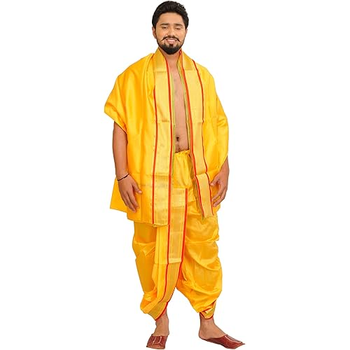 Ready to Wear Dhoti and Veshti Set with Woven Golden Border - Art Silk