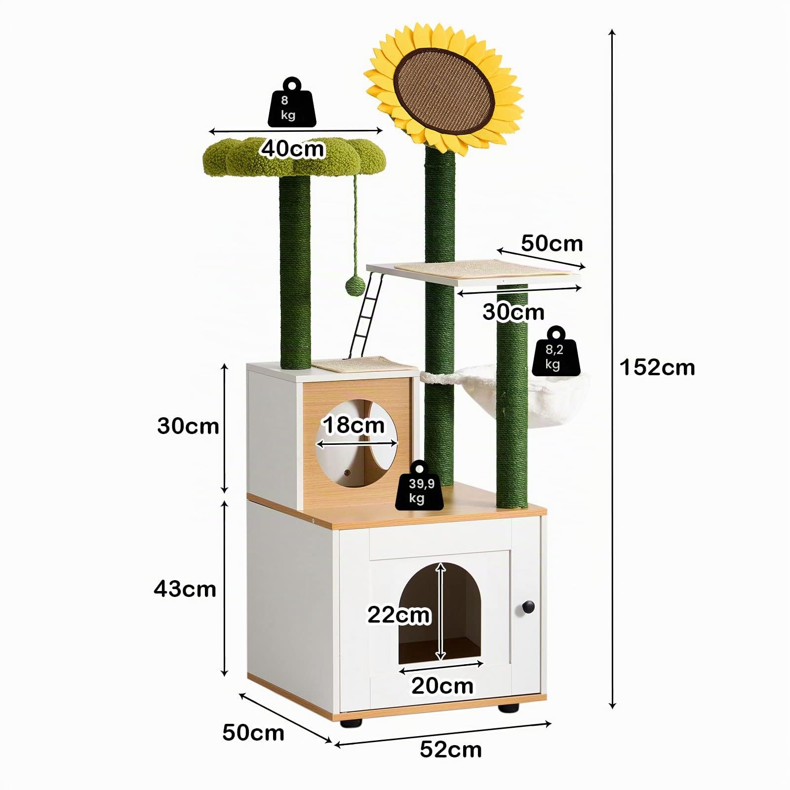 Sogesfurniture Albero per gatti, 152 cm, mobile a più piani con porta, grotta, tiragraffi, corda in sisal, verde, asta e amaca morbida