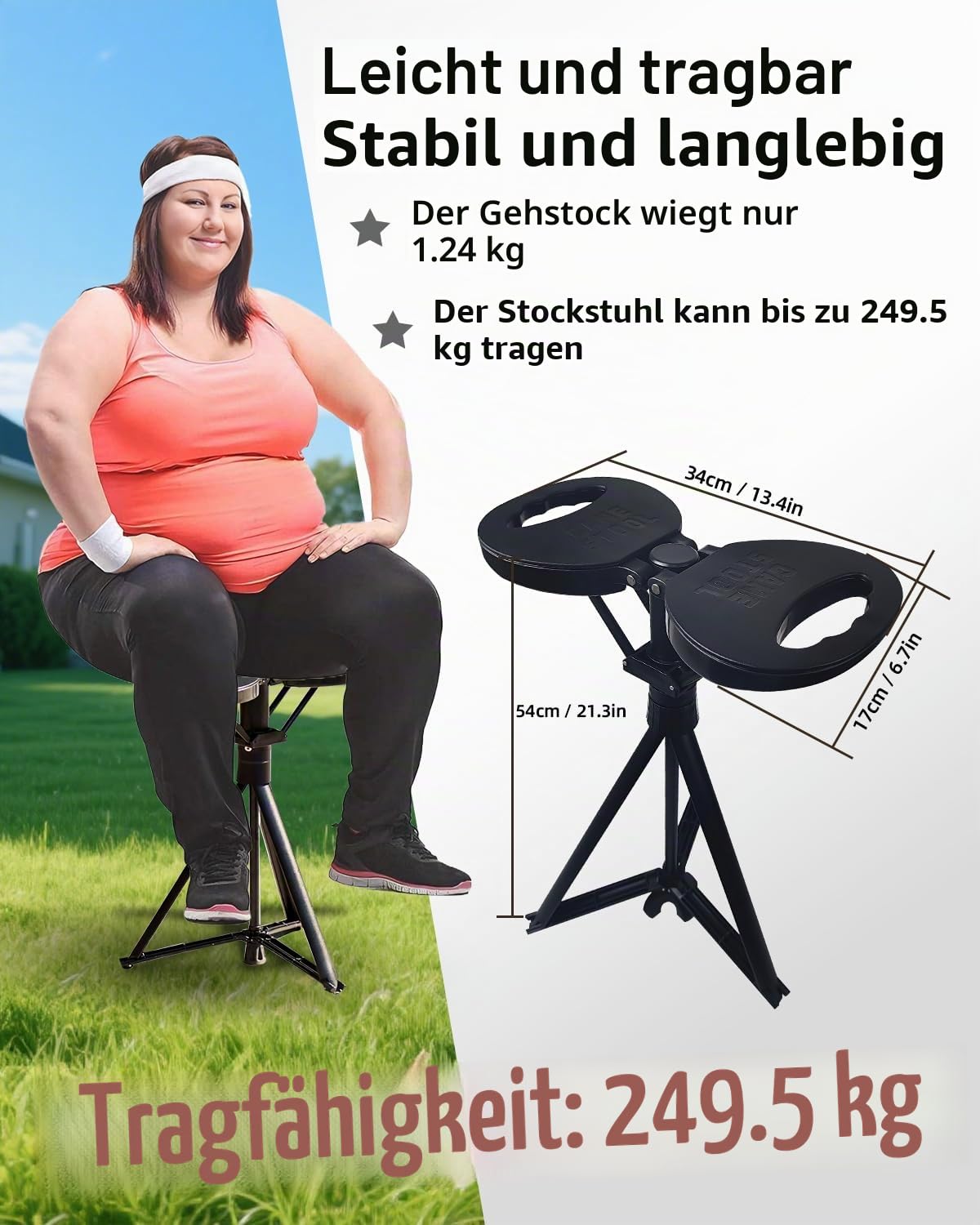 Gehstock mit Sitz, Faltbarer Gehstock, Höhenverstellbare Leichtbau-Gehstock für Erwachsene & Senioren,Geeignet für Wanderungen und den Einsatz im Freien mit Tragetasche (Tragkraft 250 KG)