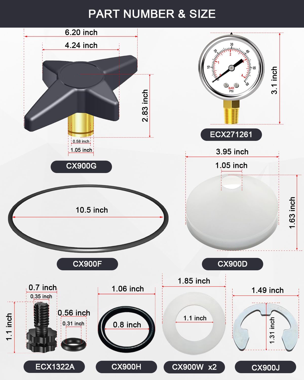 Filter Parts, CX900G Locking Knob and CX900DA Pool Filter Knob Kit (Contains: CX900G, CX900D, CX900J, CX900W, CX900H, CX900F, ECX271261 & ECX1322A Parts), Compatible with Cartridge Filters
