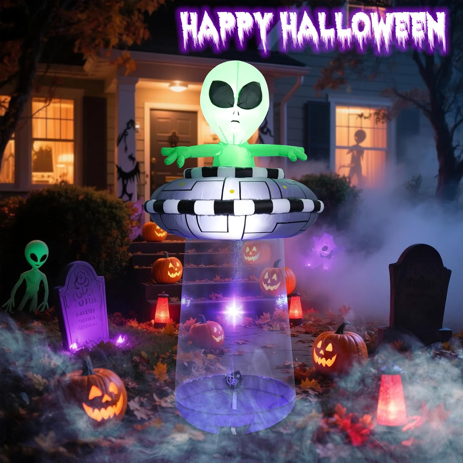 Afirst 6ft Halloween Inflatables UFO Spaceship Outdoor Decoration Halloween Inflatable Alien on UFO Blow Up Yard Decorations with Built-in Lights for Holiday Party Yard Garden