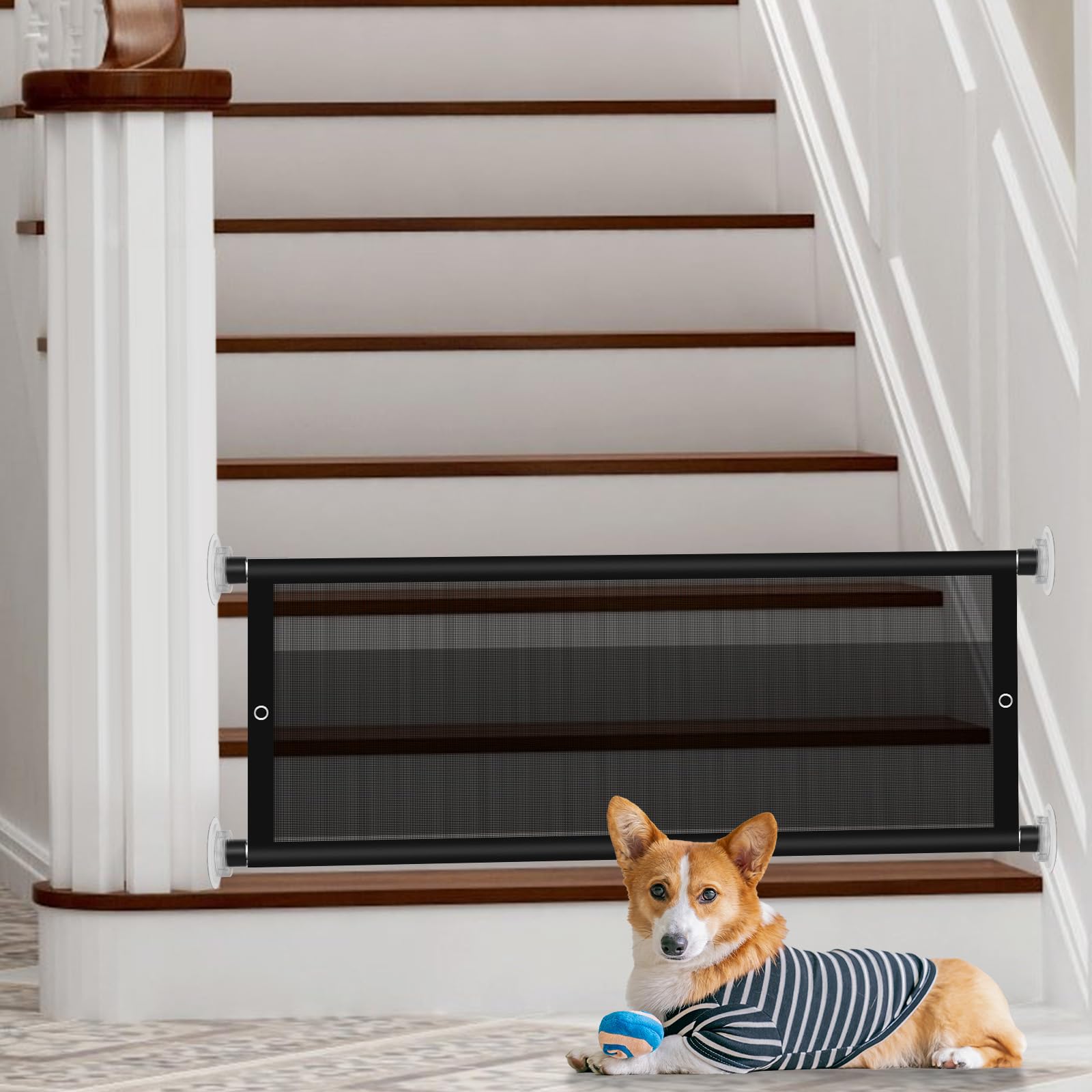 Short Dog Gate Expandable Dog Gate 13.8''H x 26"-43" W to Step Over, Pressure Mount Dog Gate, Mesh Magic Puppy Small Pet Dog Gate Indoor for Doorway, Stairs, Hallways (13.8''H, Black)
