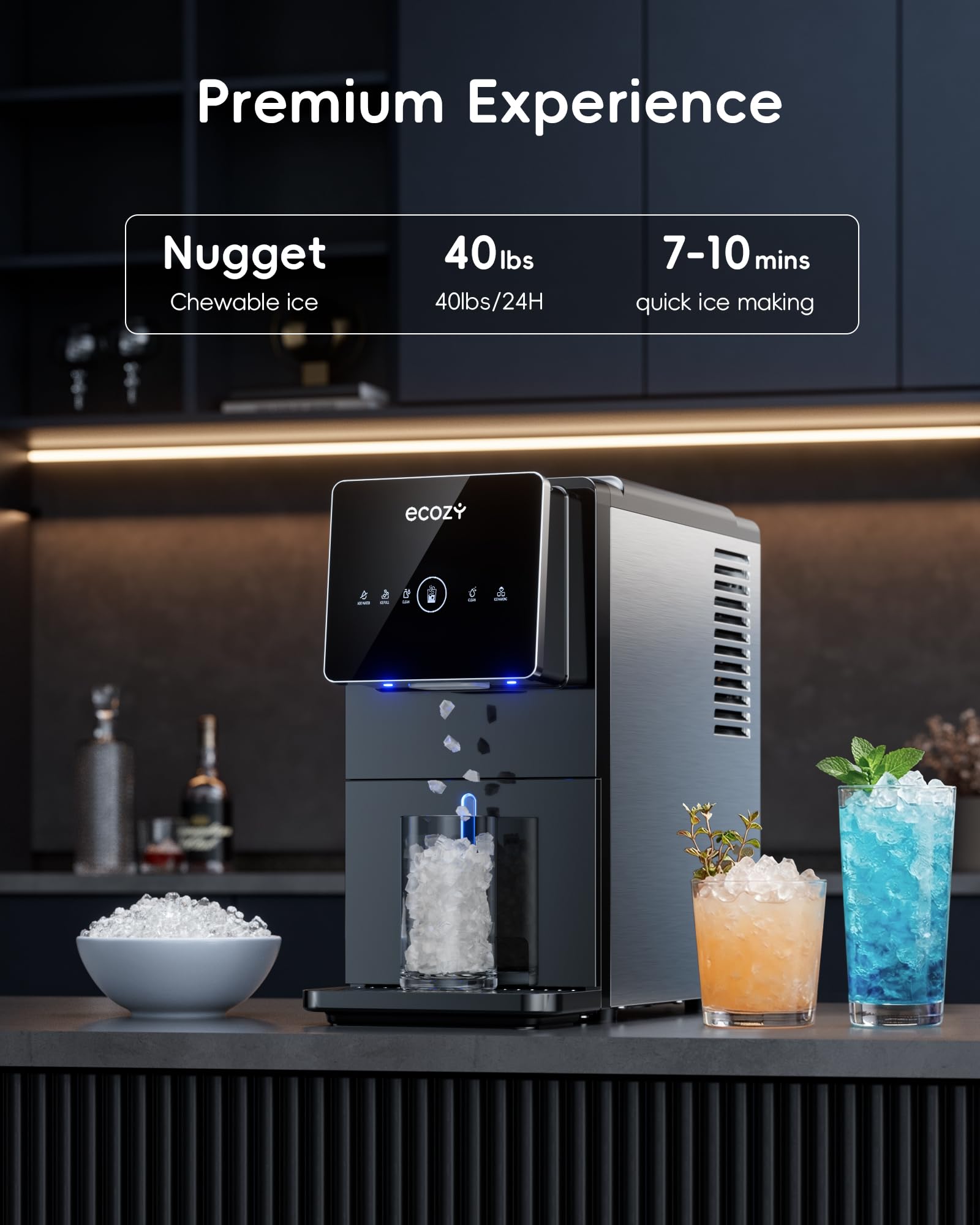 ecozy Nugget Ice Makers Dispenser 40 lbs Per Day Pebble Sonic Ice Machine Countertop, Touch-Free Ice, Self-Cleaning, Mistalo Drop Slim for Home Kitchen Office - 4
