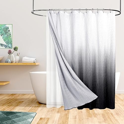 Juego de cortinas de ducha negras con ganchos, cortinas de ducha negras degradadas para baño, forro de cortina de ducha de tela texturizada, 72 x 72