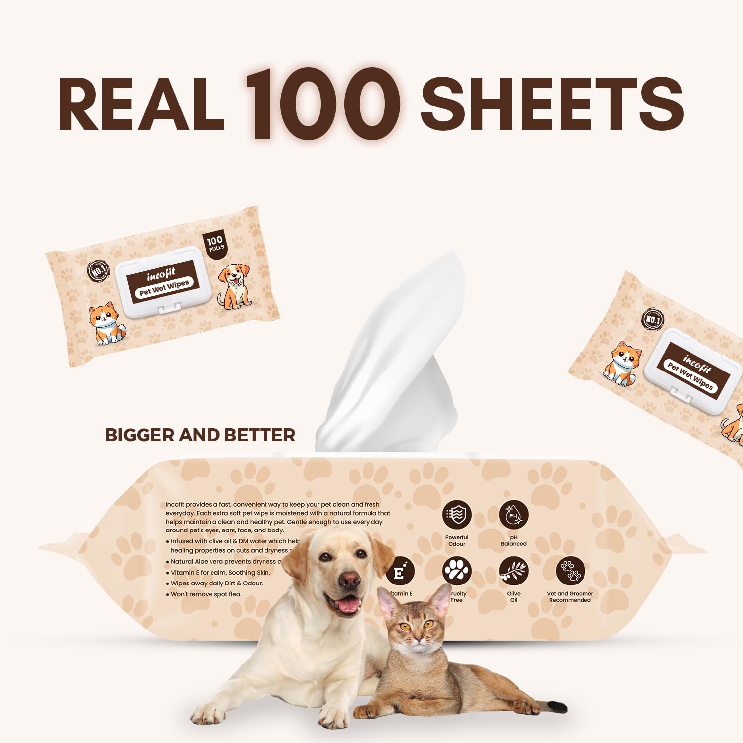 Incofit Anti-Bacterial 1200 Pulls Pet Wet Wipes for Dogs, Puppies, Cats, Rabbits & Small Pets | Powerful Odour, Vitamin E & Olive Oil | Anti-Itching | Cleansing, Deodorising & Grooming (Pack of 12) 1