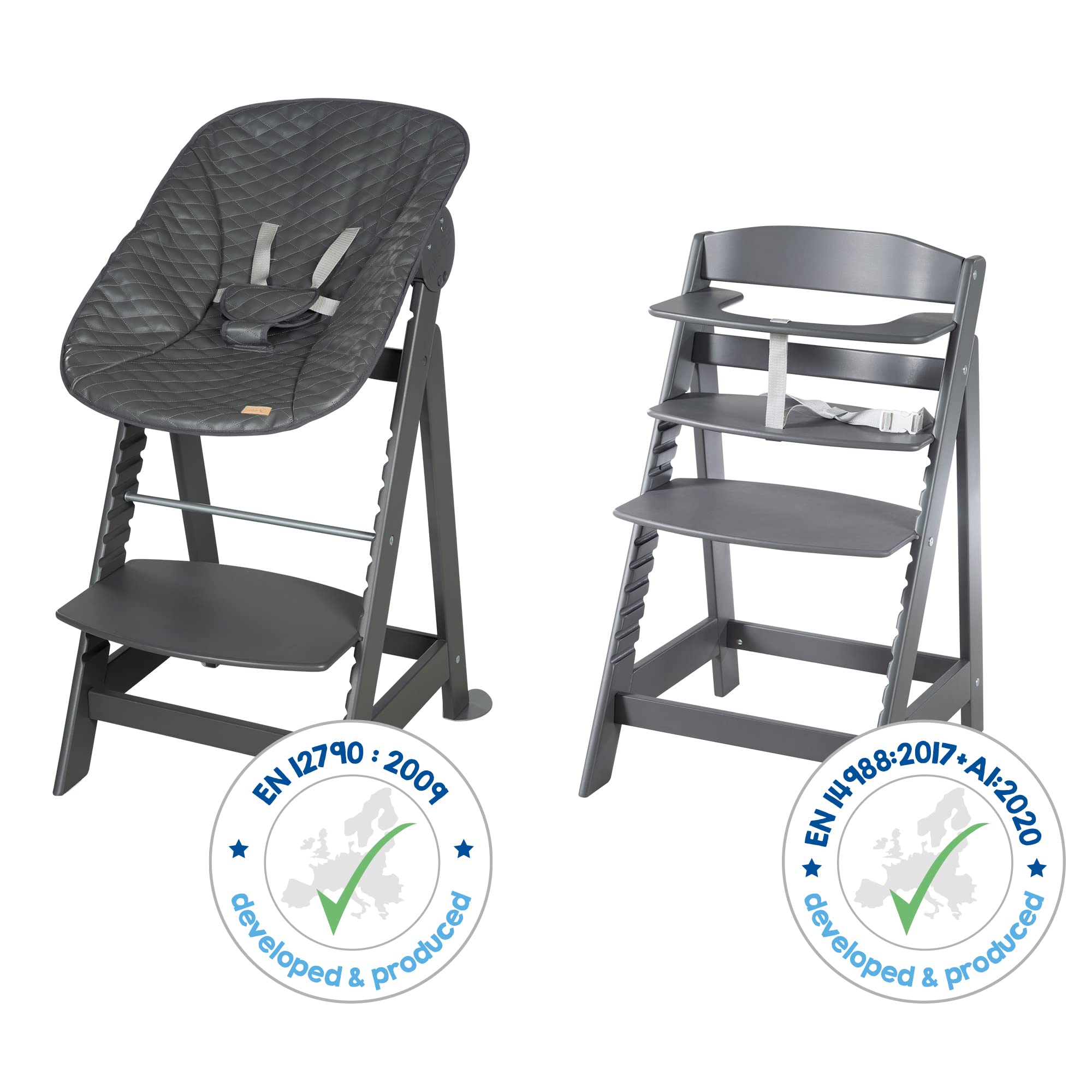 roba Seggiolone "Born Up" Set 2 in 1 - Design "Graphite quilted" - Funzione Pieghevole - Imbracatura - 2 Posizioni - da 0 a 6 Mesi - Legno Laccato Grigio Antracite